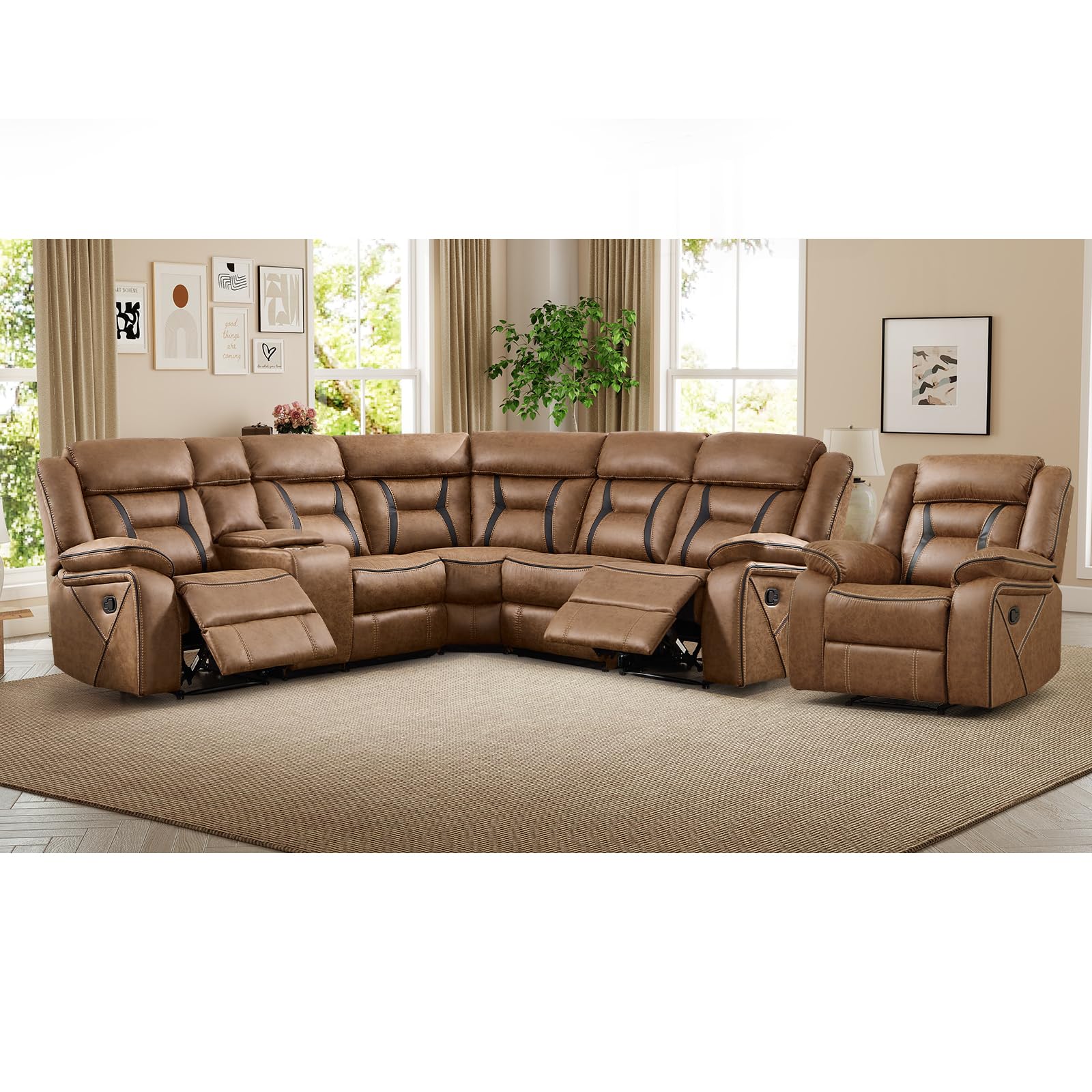 EBELLO Faux Leather Reclining Sectional Sofa Set