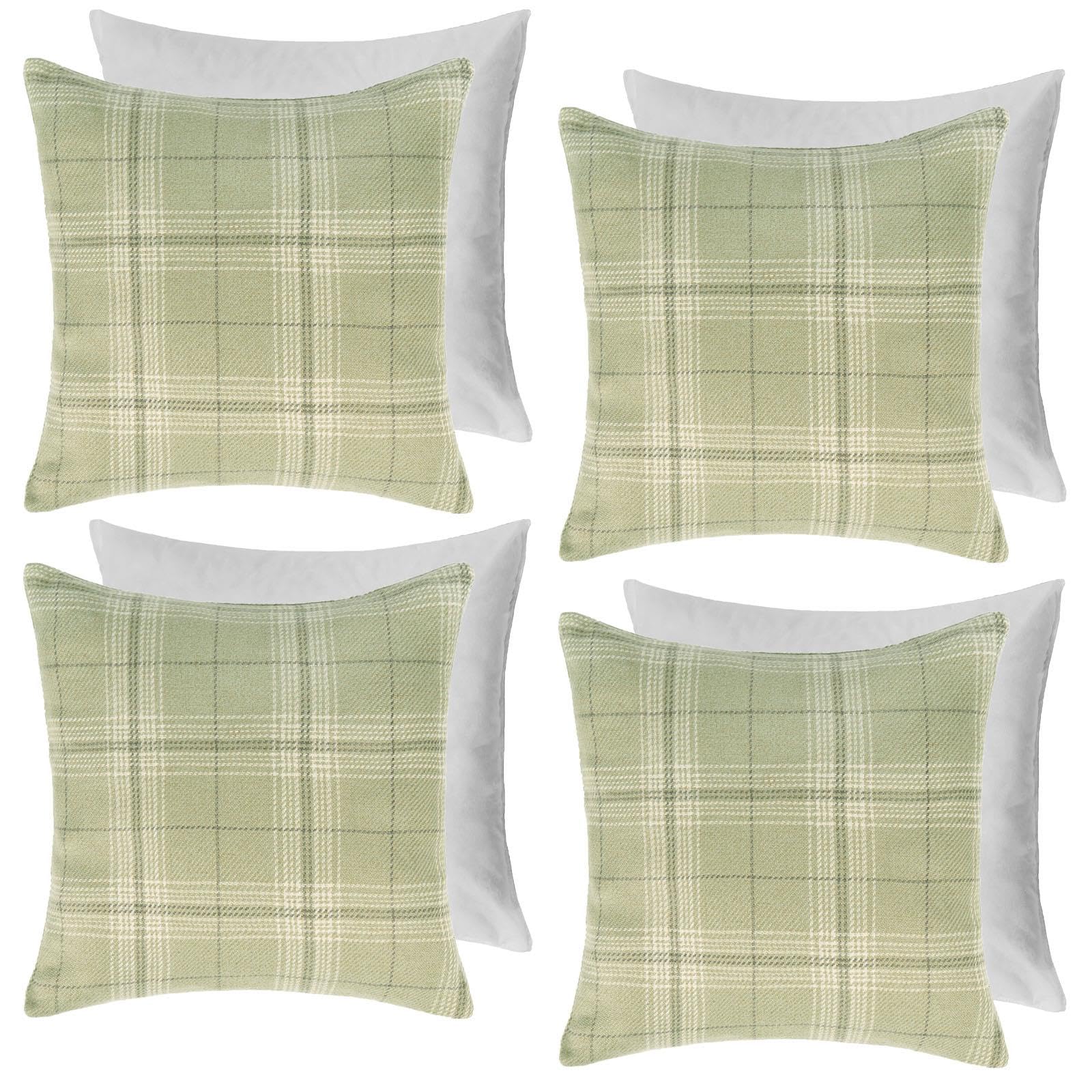 OHS 4 Pack Woven Check Filled Cushions - Printed Soft - Light Green - 45cm x 45cm