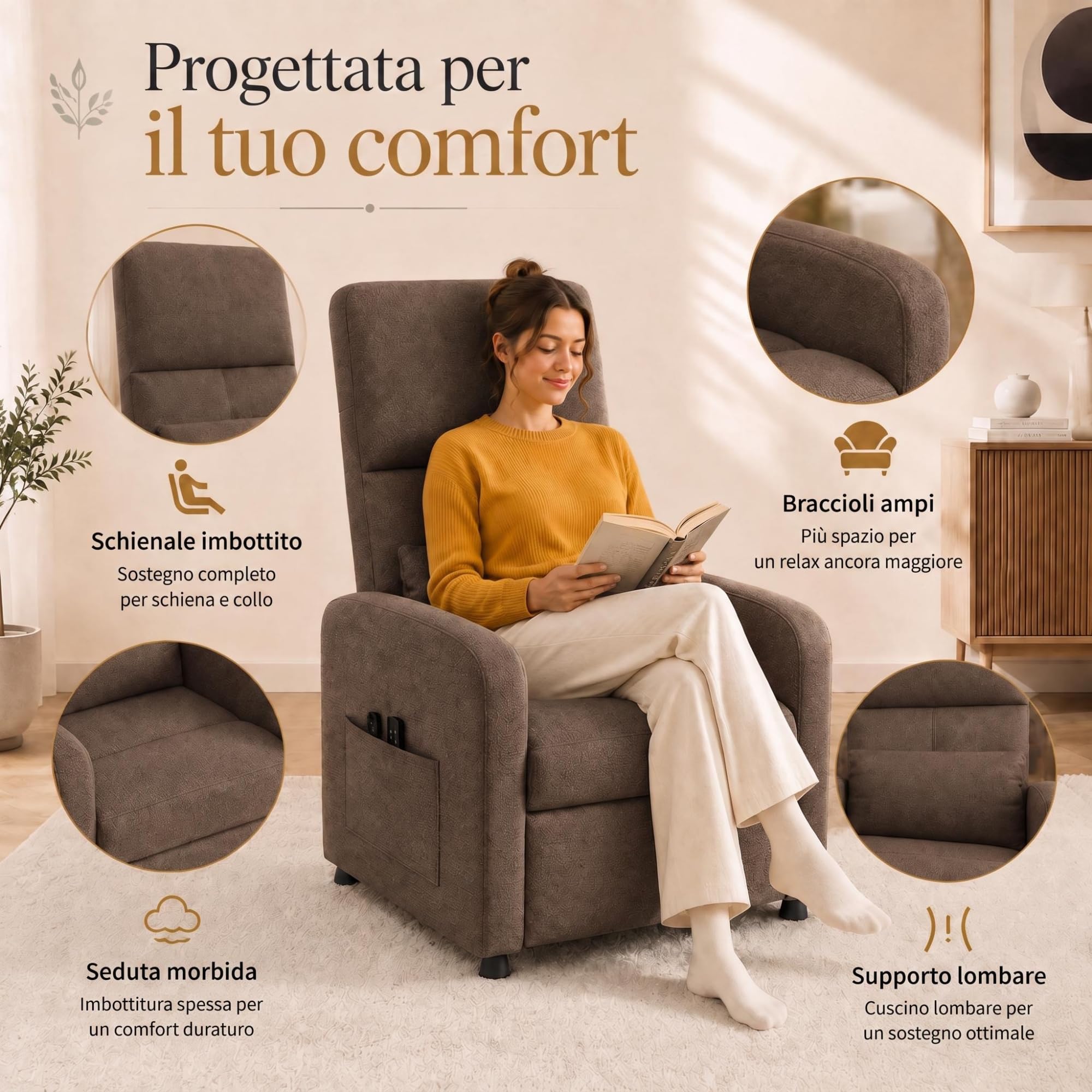 Poltrona Relax Elettrica Reclinabile con Massaggio a 4 Zone, Calore Lombare, Poggiapiedi e Supporto 180 kg – Tessuto in Lino, Struttura in Acciaio, Marrone EU JJ10-5