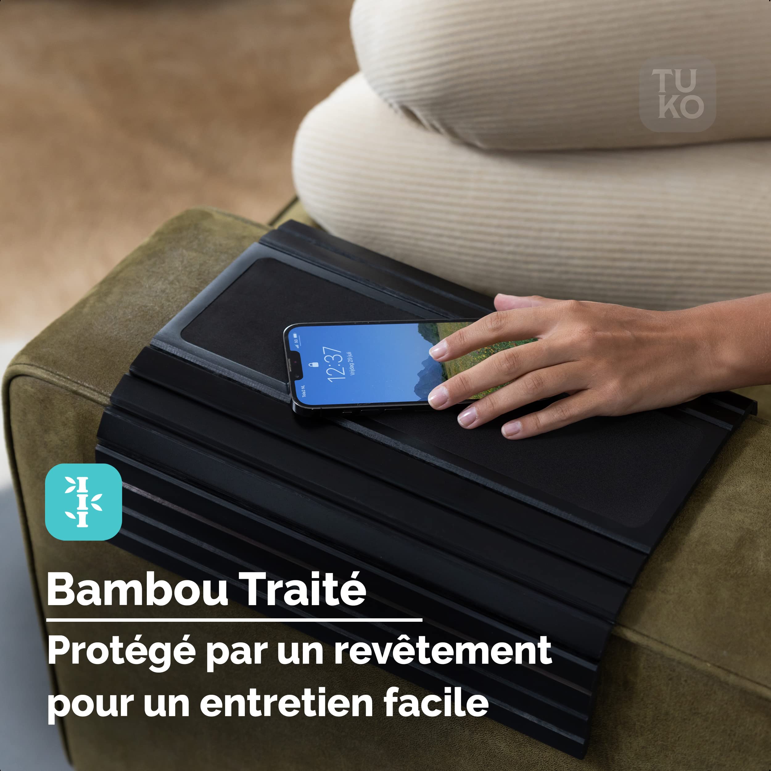 Plateau Accoudoir Canapé Flexible En Bambou Tuko - Antidérapant 41x34 Cm, Idéal Pour Boissons, Snacks, Télécommande Et Ordinateur, Marron