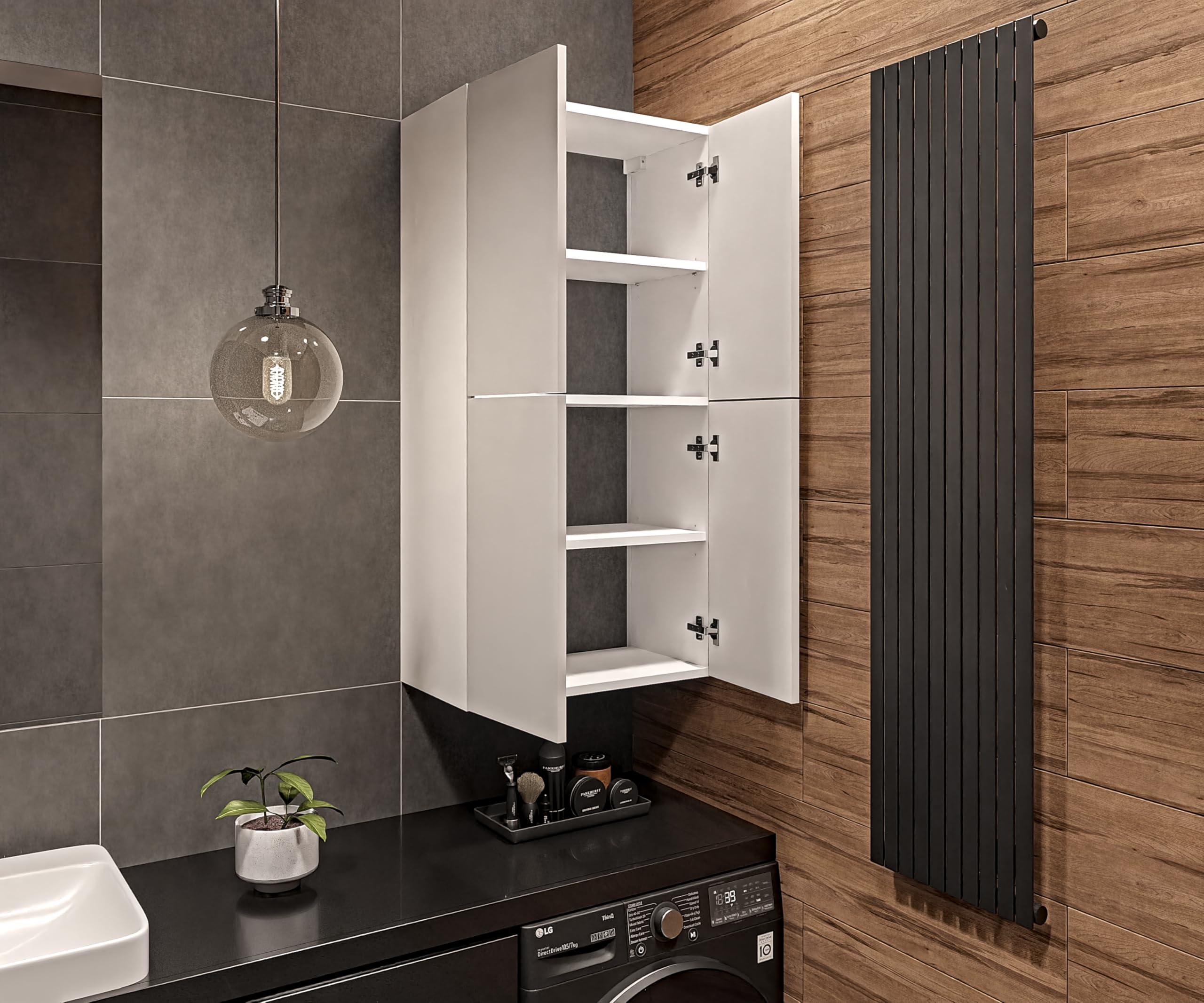 Badschrank Weiß B: 60 cm H: 120 cm T: 34 cm Badezimmerschrank Hängend Front Hochglanz Korpus Matt Hängeschrank Badezimmer Toilettenregal Badezimmermöbel