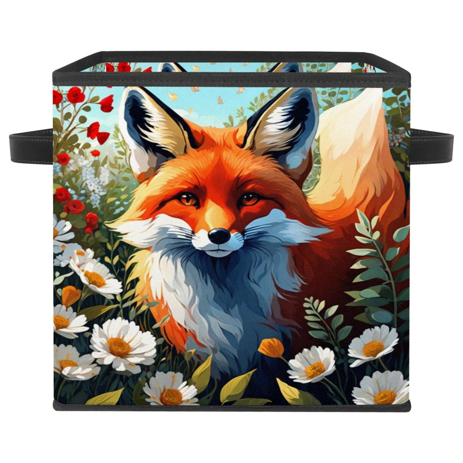 Boîte de rangement pliable grand cube tissu avec poignées cuir motif renard pour étagère