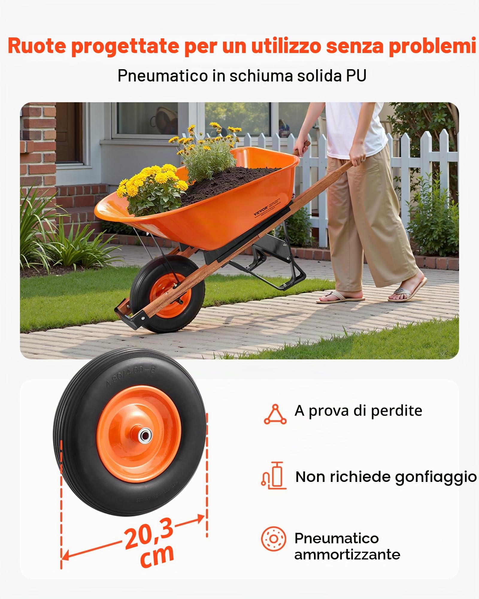 VEVOR Carriola 1 Ruota Capacità Carico 150 kg da Giardino, Carrello da Giardino con Manico in Metallo, Ruota Larga da 40 cm, Carrello per Caricamento da Fattoria Giardino Prato, per Giardinaggio