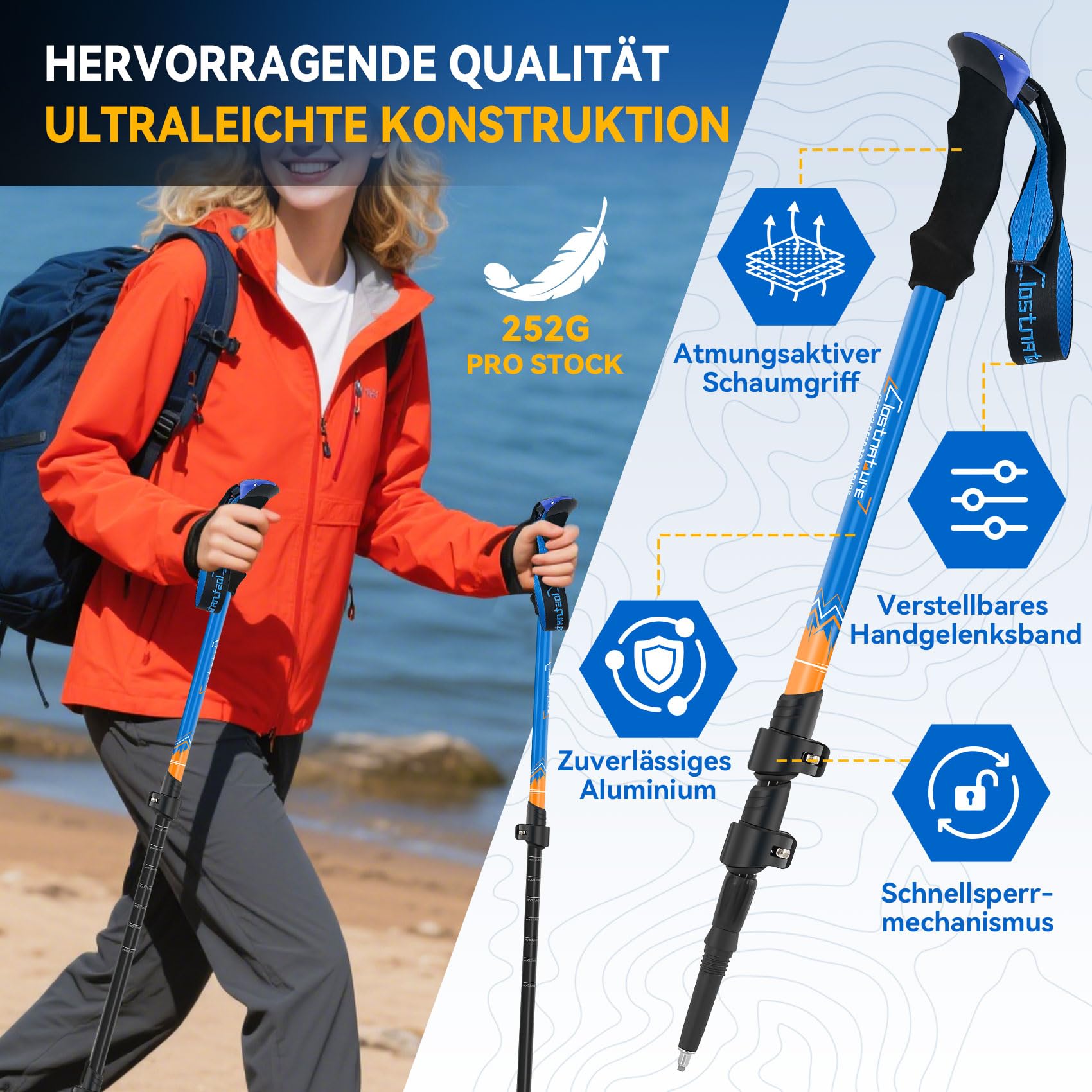 Clostnature Wanderstöcke Teleskop Aluminium - Nordic Walking Stöcke für Damen und Herren, 58-135cm Leichte Trekkingstöcke Ausziehbar für Trekking und Wandern(2 Stück), Verstellbarer Wanderstock