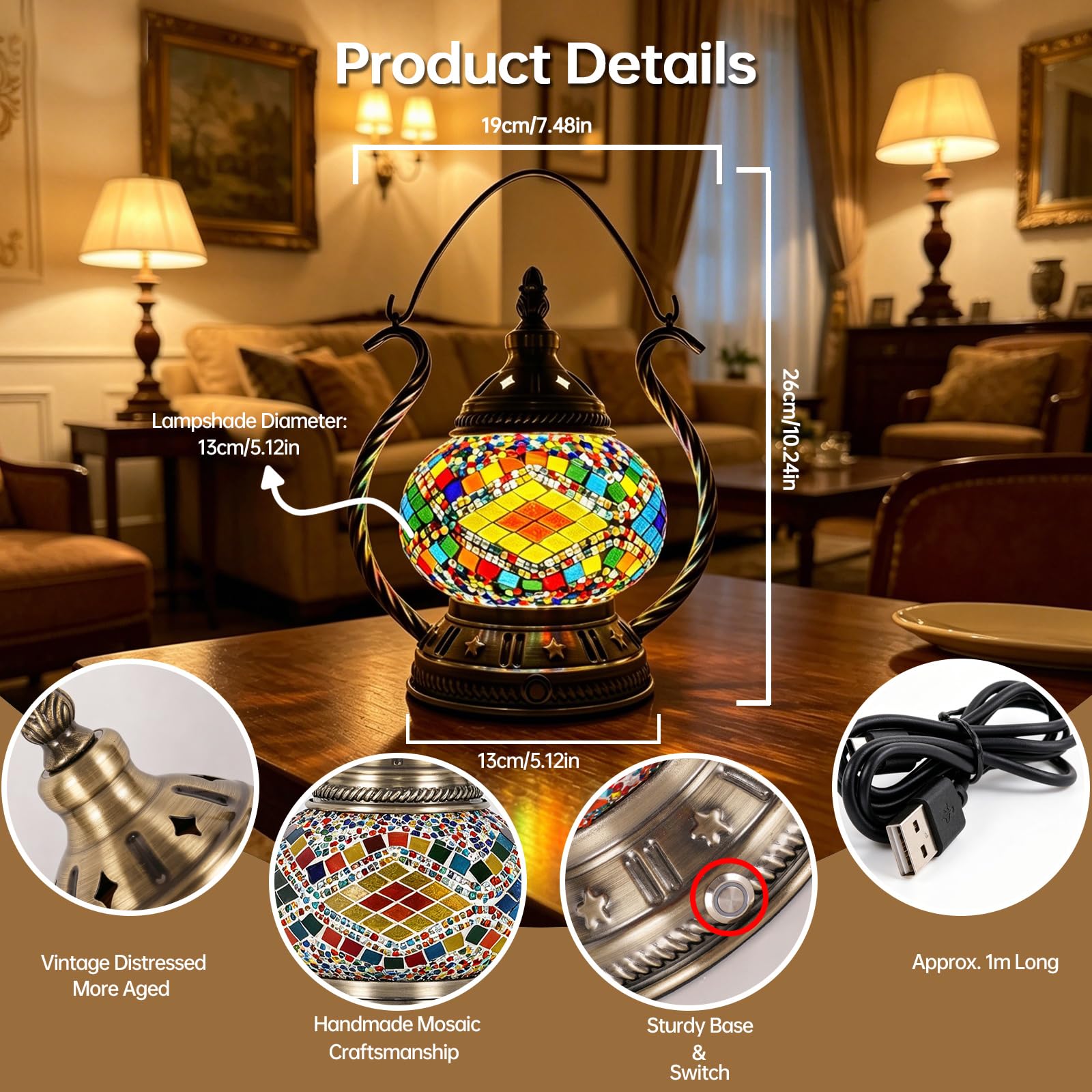 Styl Tiffany Turecka mozaika witrażowa lampa z uchwytem, ładowana przez USB, lampa stołowa, bohema, turecka, lampka nocna do salonu, dekoracja pokoju dziecięcego (szer. 13 cm x wys. 26 cm)
