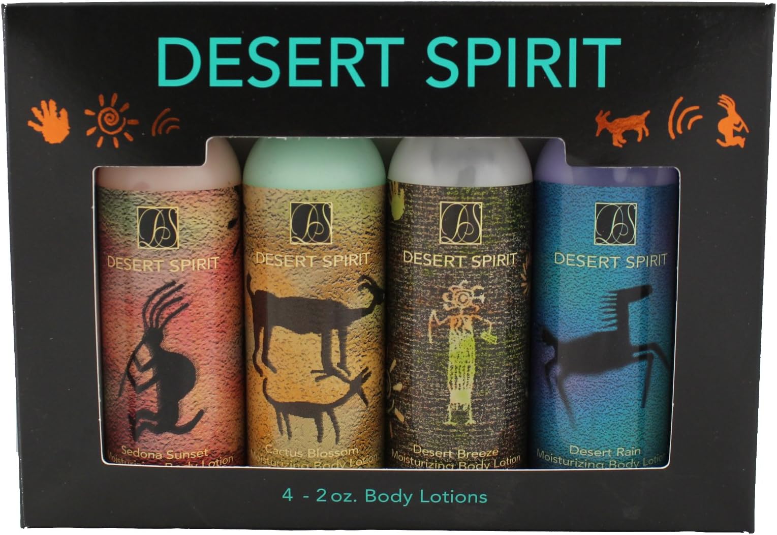 Desert Spirit 2oz Hand and Body Lotion Gift Pack. Made in USA. Four 2oz lotions of varying fragrances. Formulated with Anti-Aging Vitamins A, D, & E Along with Natural Succulents Aloe Vera, Blue Agave, Jojoba, Botanical such as Blueberry, Cranberry, Pomegranate, Raspberry, Strawberry, Green Coffee Bean, Green Tea Grape Seeds, and Acai Berry.