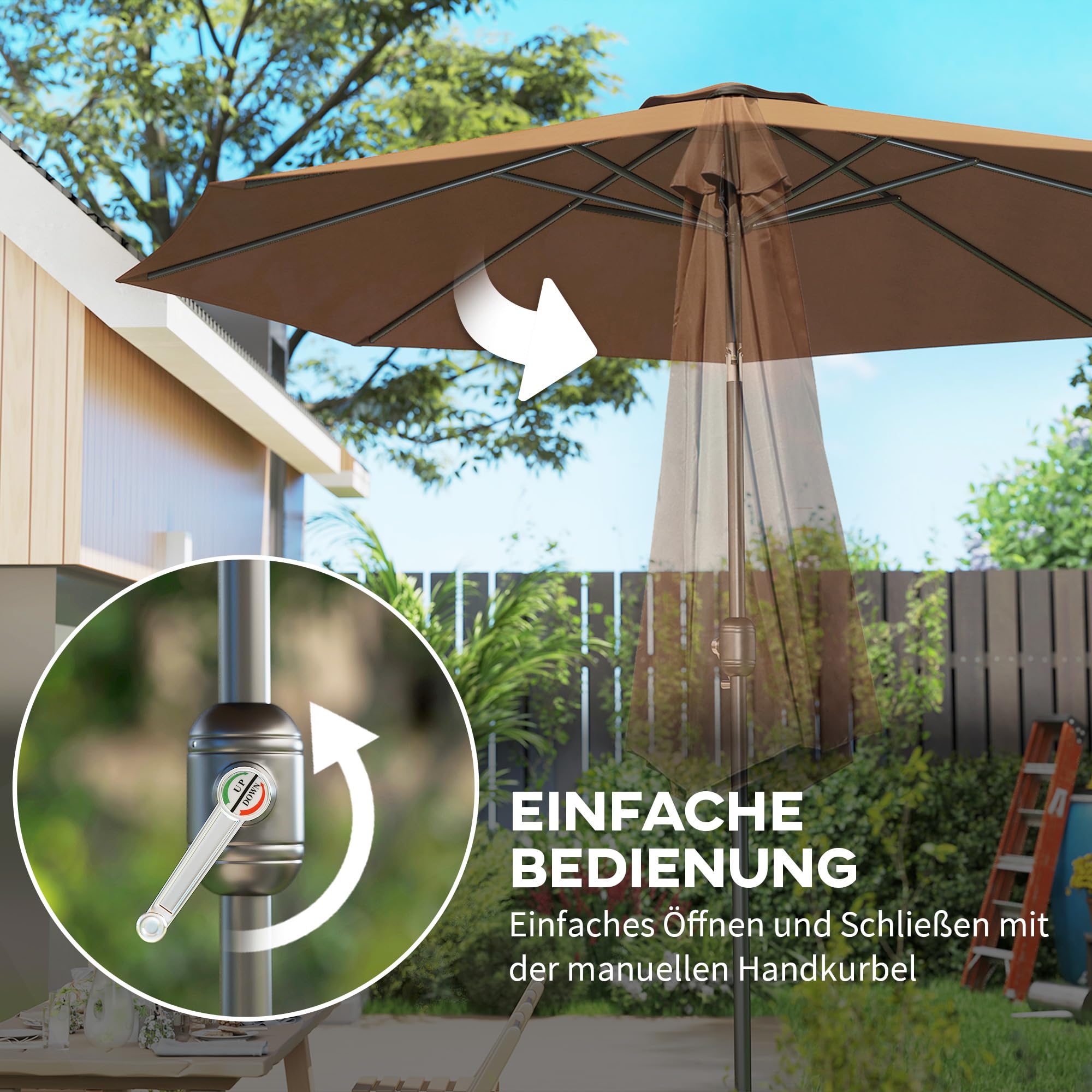 Outsunny Parasol składany z ręczną korbką, brązowy, Ø2,95 x 2,5 m