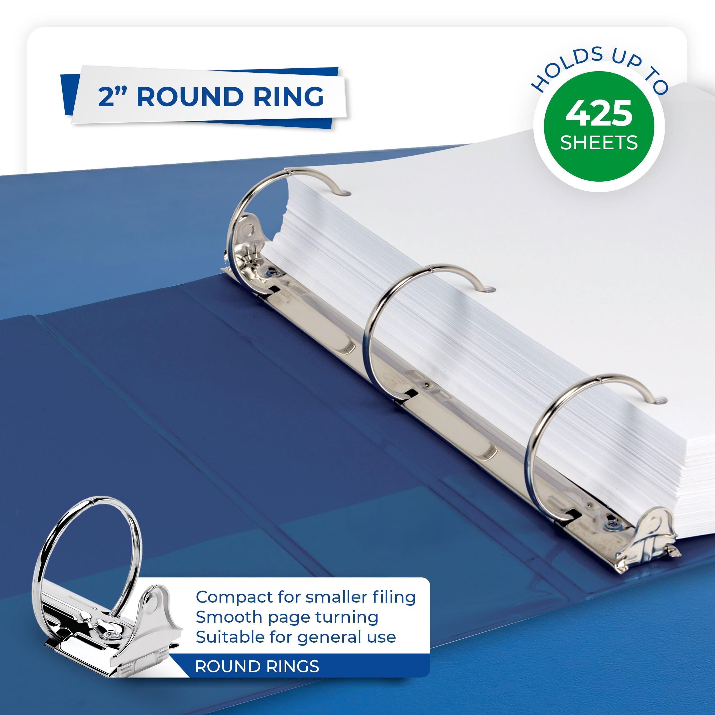 Samsill, Raccoglitori a 3 anelli da 5,08 cm, realizzati negli Stati Uniti, con anelli rotondi e copertina trasparente, dalla capacità di 425 fogli, per scuola, casa, ufficio, blu, 4 pezzi