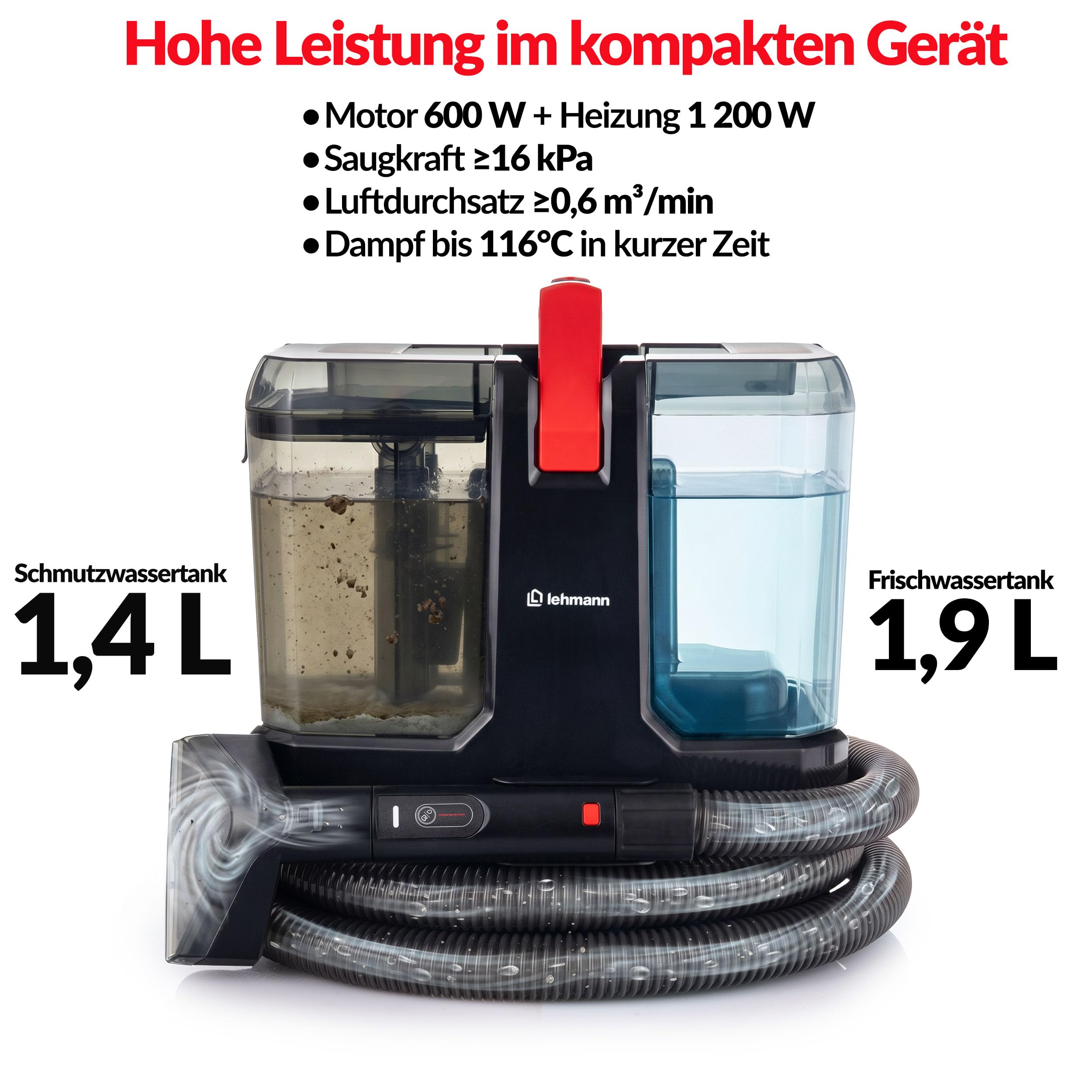 LEHMANN SteamWash 1800 Waschsauger & Dampfreiniger 4in1, Polsterreiniger und Teppichreiniger mit Warmwasser 60°C & Dampf 116°C, 16 kPa Saugkraft, Fleckenreiniger für Sofa, Auto & Haushalt