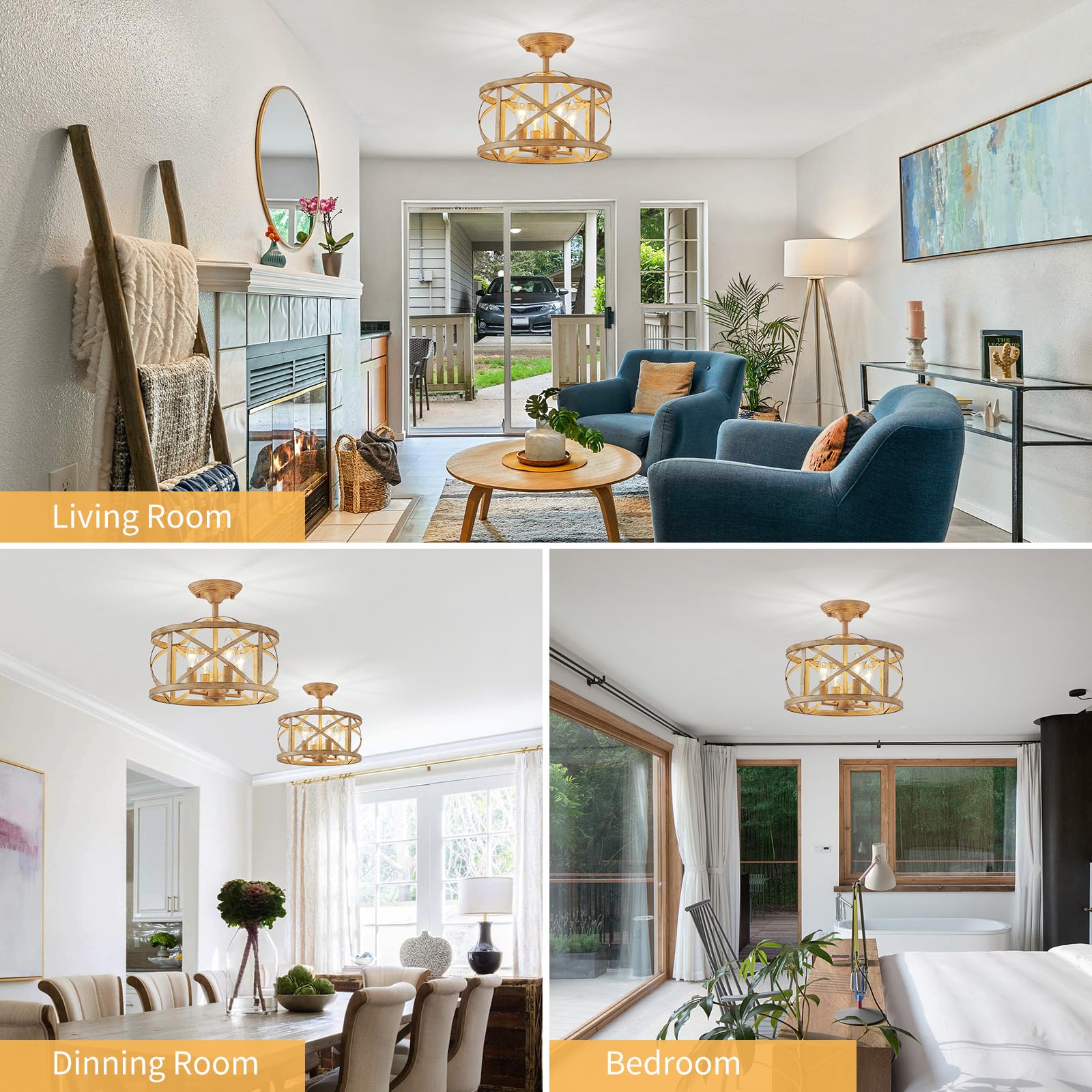 LOOYD 3-Light Retro Farmhouse Semi Flush Mount Ceiling Light Fixture, Vintage Beige Ceiling Light for Bedroom, Living Room, Kitchen, Hallway (Beige)