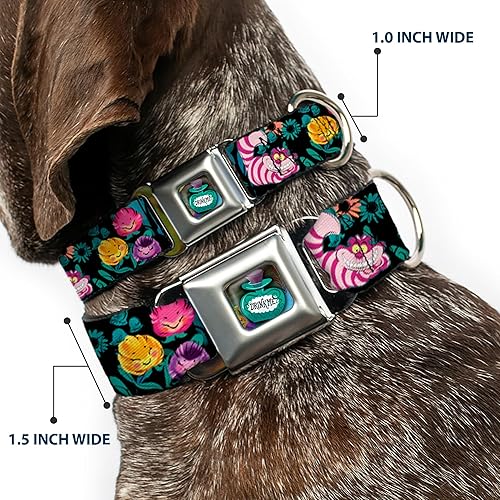 Miniatura 2 de Buckle-Down Collar de perro con hebilla de cinturón de seguridad Alice Cheshire Cat Flowers Poses negro, multicolor, 1 pulgada de ancho, se adapta a