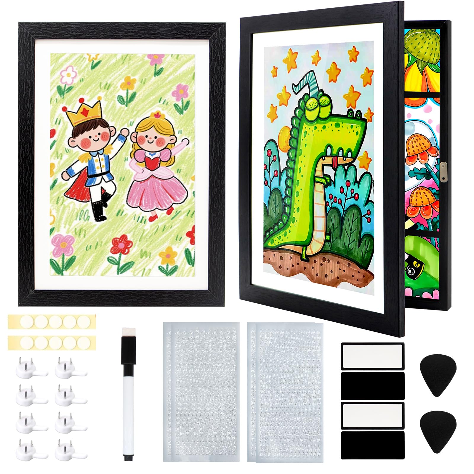 KASURE 2 Pack Kids Artwork Display Frames, Fillable Front Opening A4 Photo Frames, Kids Art Frame with Storage Function, Includes Magnetic Labels and Stickers, for Children's Art Projects(Black)