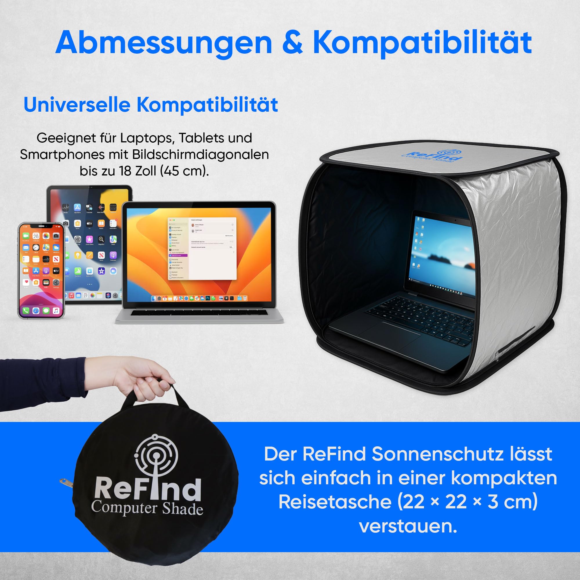 ReFind Sonnenschutz für Laptop - Blendschutz für Arbeit im Freien. Mit Sichtschutz, Hitzeschutz und Wetterschutz. Laptop-Haube geeignet für Laptop, iPhone, Tablet, iPad.