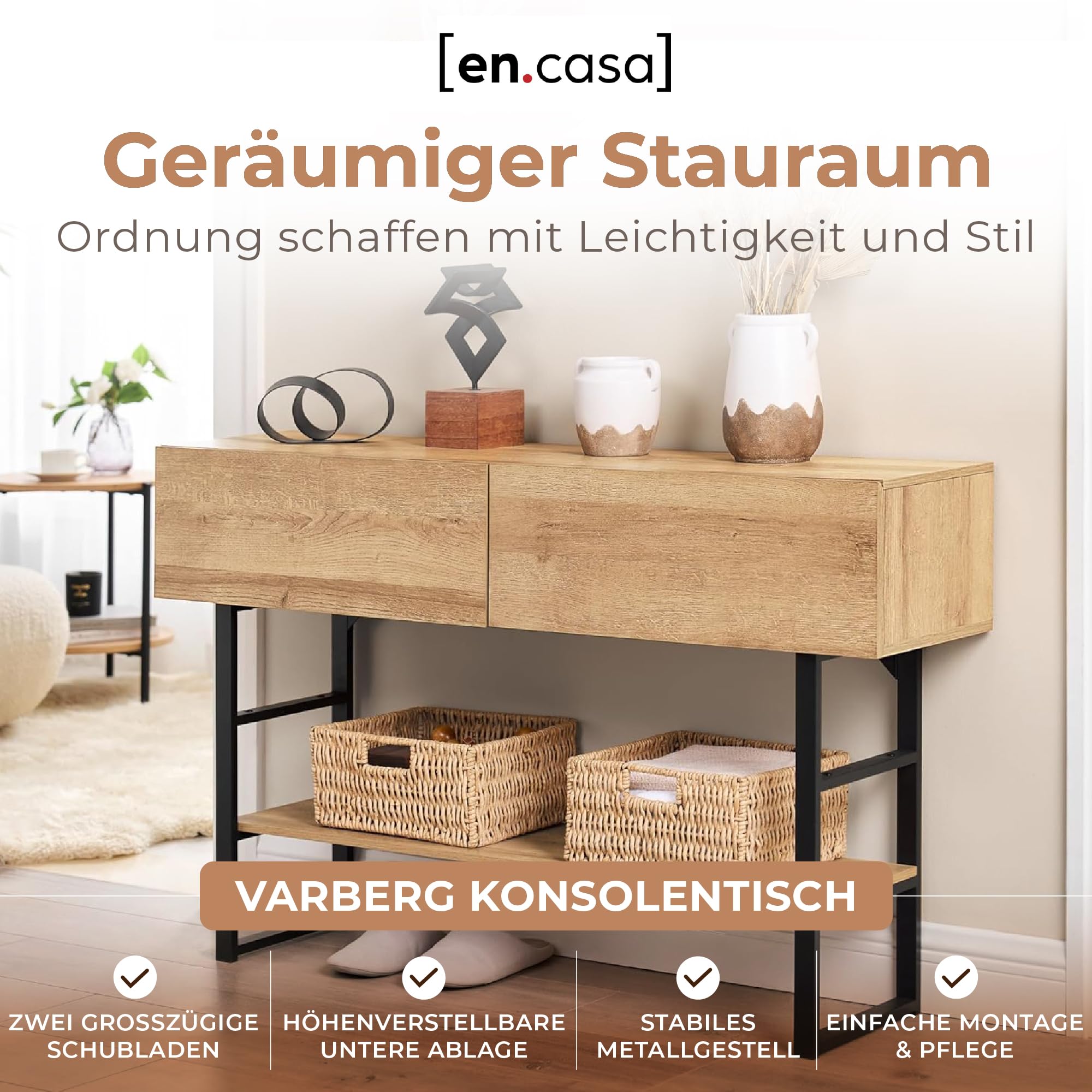 [en.casa] Konsolentisch schmal Varberg Flurtisch mit 2 Schubladen rechteckig Ablagetisch verstellbare Ablage Metallgestell 75 x 120 x 30 cm Eicheoptik