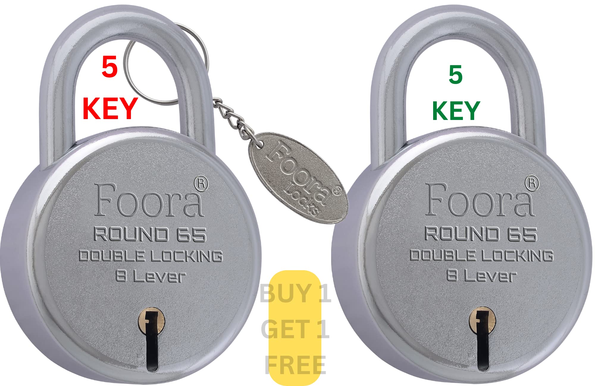 Foora Lock and Keys Door Lock for Home - Round 65 Pack of 2 Padlock with 5 Keys and Key Chain, 8 Lever Double Locking for Gate, Shop Shutter, Silver Finish-image-8