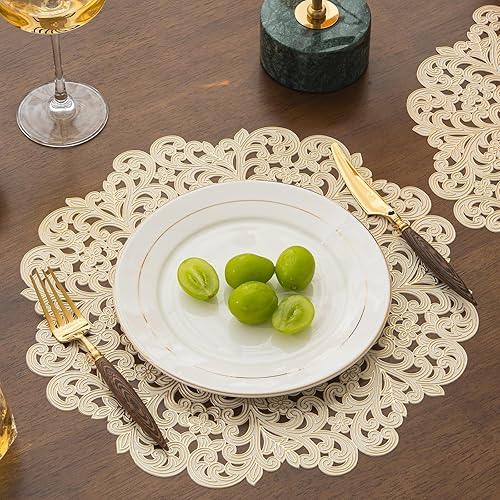 Miniatura 2 de BACKTOEDEN Juego de 6 manteles individuales redondos color dorado claro, lavables, limpiables, resistentes al calor, manteles individuales prensados