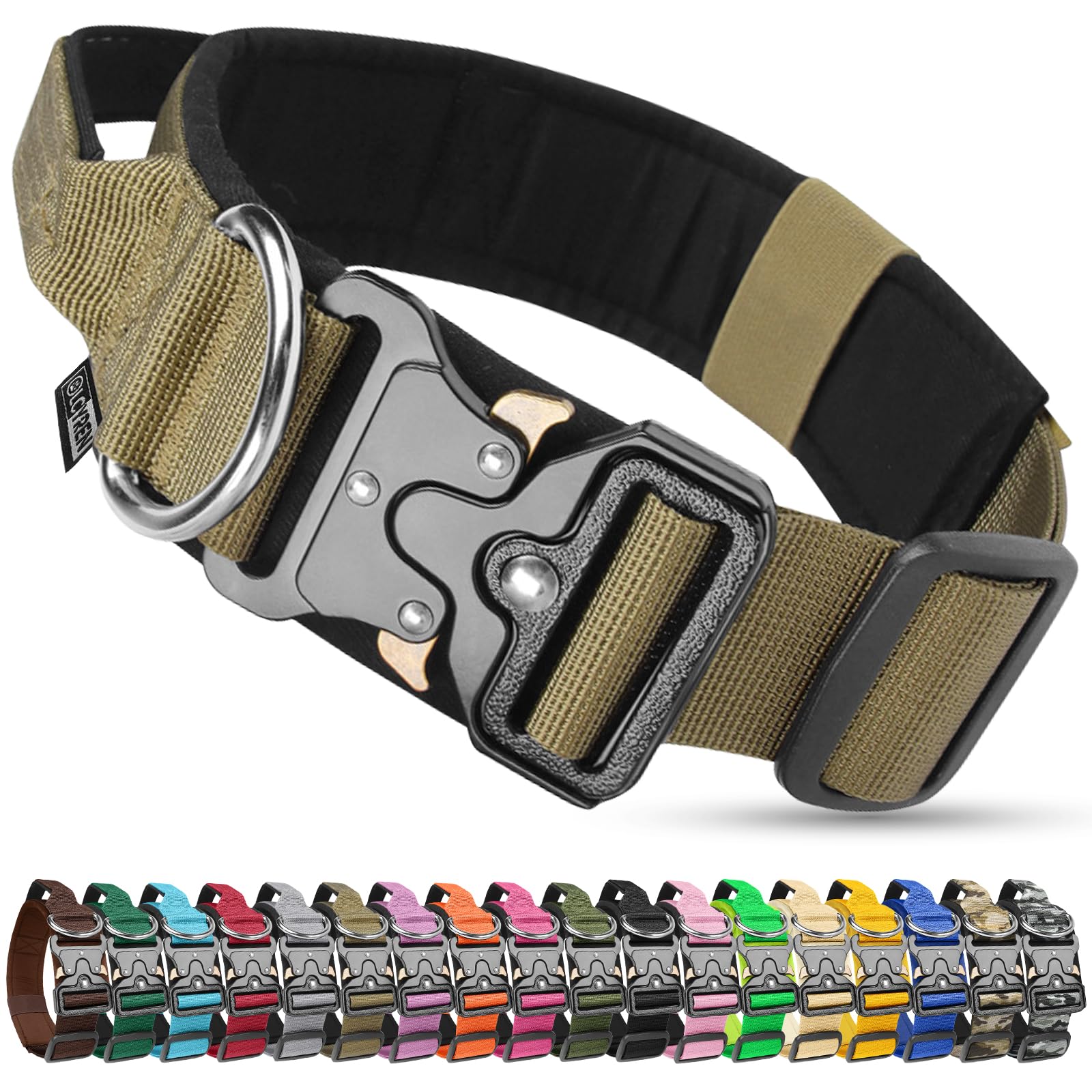 Olcyren Tactical Dog Collar, Military Nylon Adjustable Dog Collar with Handle, Soft Padded Comfortable Pet Collars with Heavy Duty Metal Buckle for Medium Large Dogs Training and Walking (Khaki, XL)