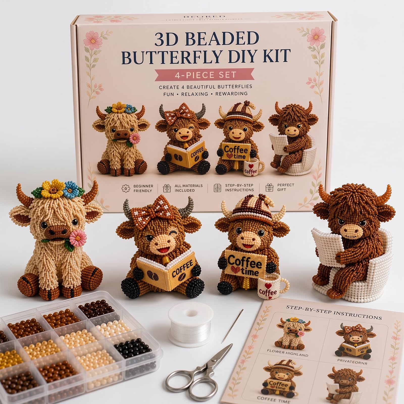 Ruiunchu 3D Beaded Animal Kit Highland Cow 4 Tiny Animals Beading DIY Kits
