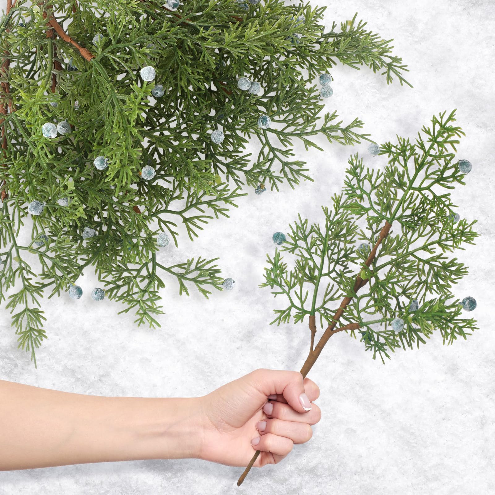 Lyrow 24 Pcs Christmas Artificial Juniper Cedar Branches Picks Spray with Berry Faux Greenery Spray Branches Cedar Twig Stems for Holiday Winter Ornament Crafts Wreath Garland (Natural Style)