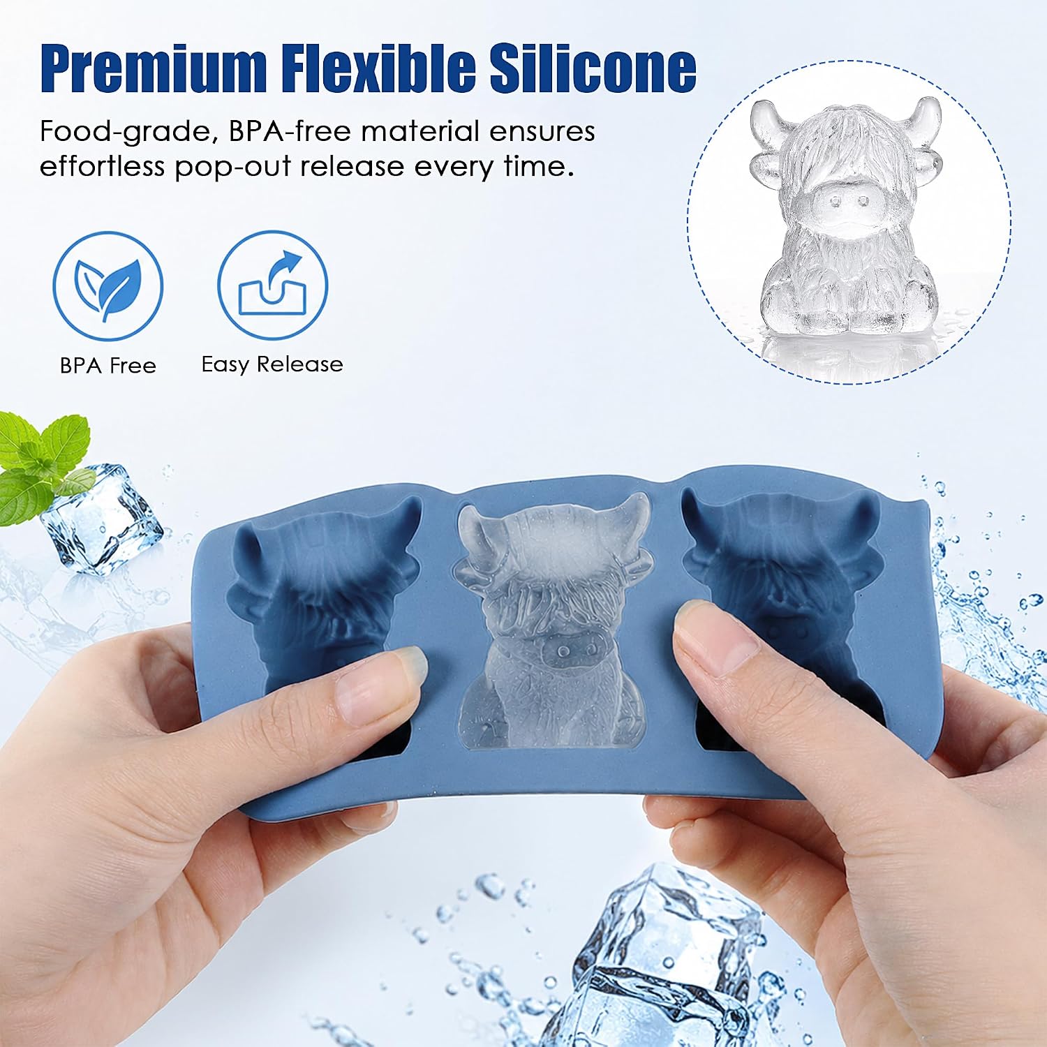 2Pcs Highland Cow Ice Cube Mold Silicone Mini Animal Tray Whiskey Cocktail