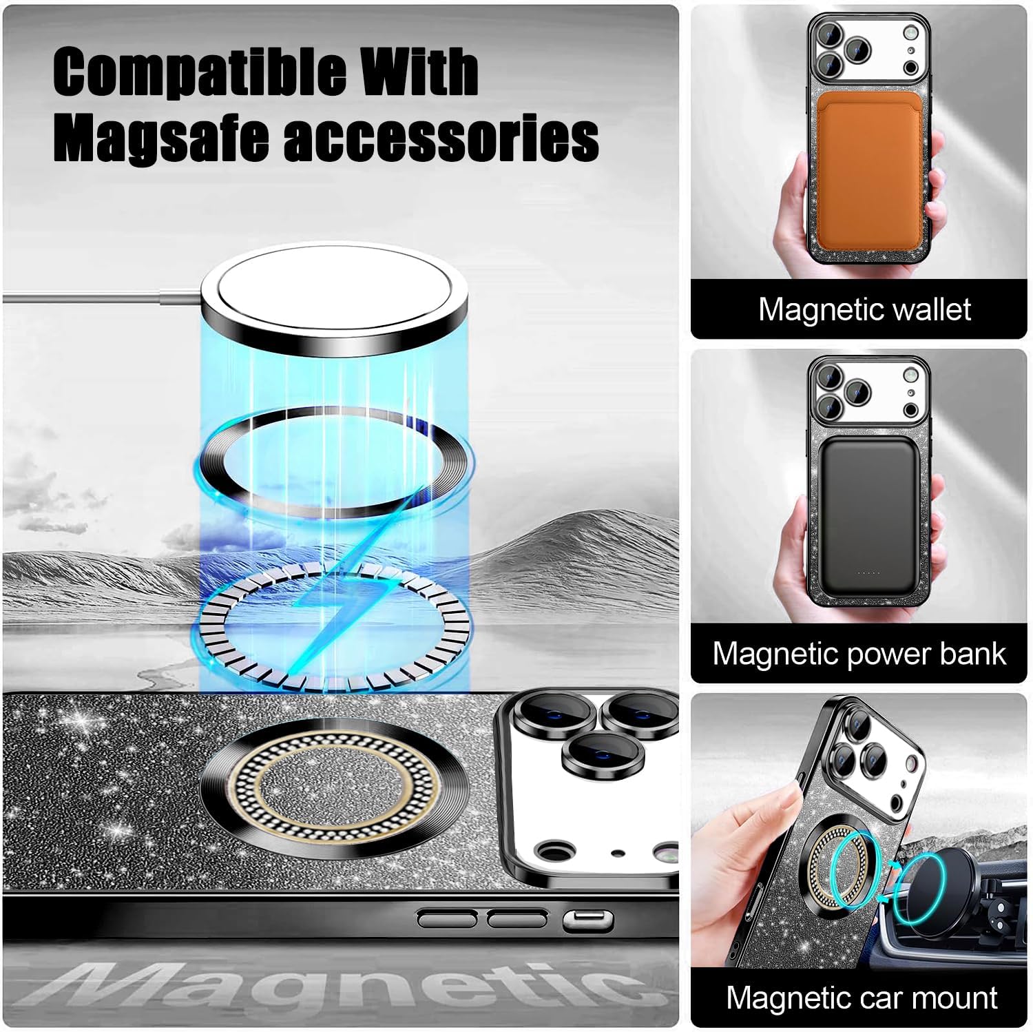 Misscase for iPhone 17 Pro Magnetic Glitter Case Compatible with MagSafe,Full Protection Slim Shockproof Anti-Scratch Case with Camera Lens Protector Plating Bling Dust-Proof Net Black - Image 3