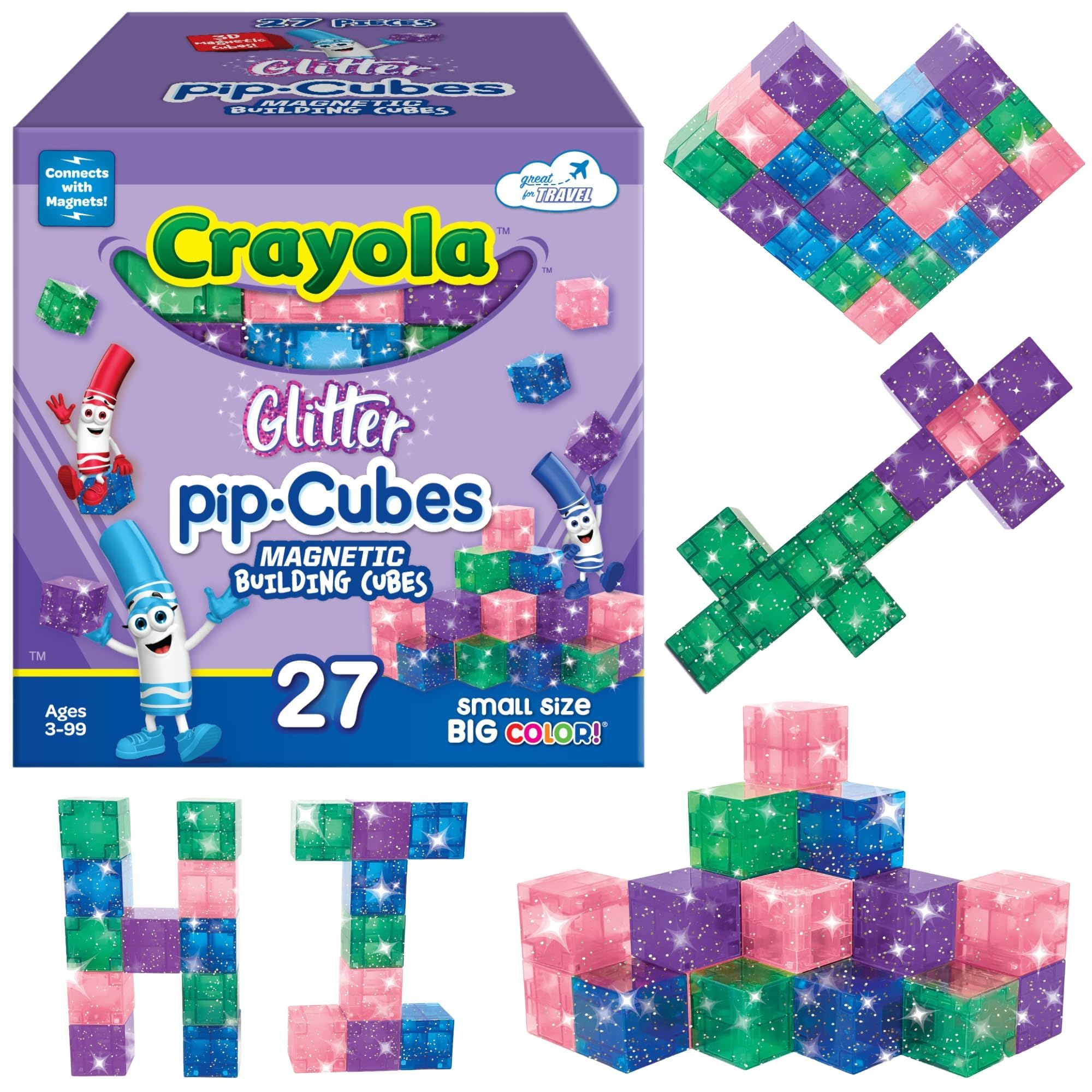 Crayola Glitter Magnetic PIP Cubes, Mini Magnetic Blocks Playset, STEM & Montessori Building & Educational Toys for Kids, Travel Toys for Boys and