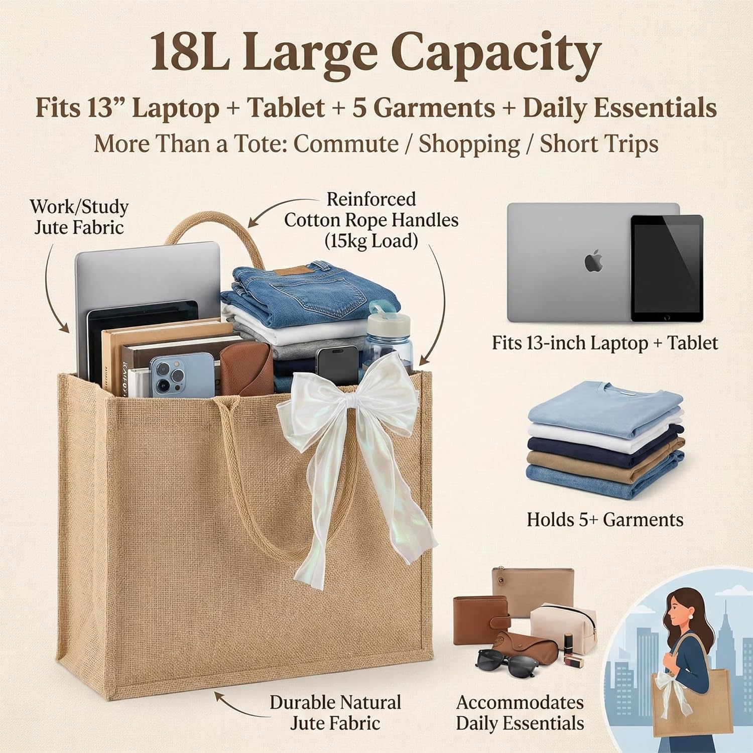 10pcs Burlap Tote Bags Set with Handles, Large Jute Tote Waterproof Reusable Blank Grocery Bags with Ribbon 15*6*12 Inch for Bridesmaid Gift, Beach, Travel, Wedding Party Favors, DIY, Shopping