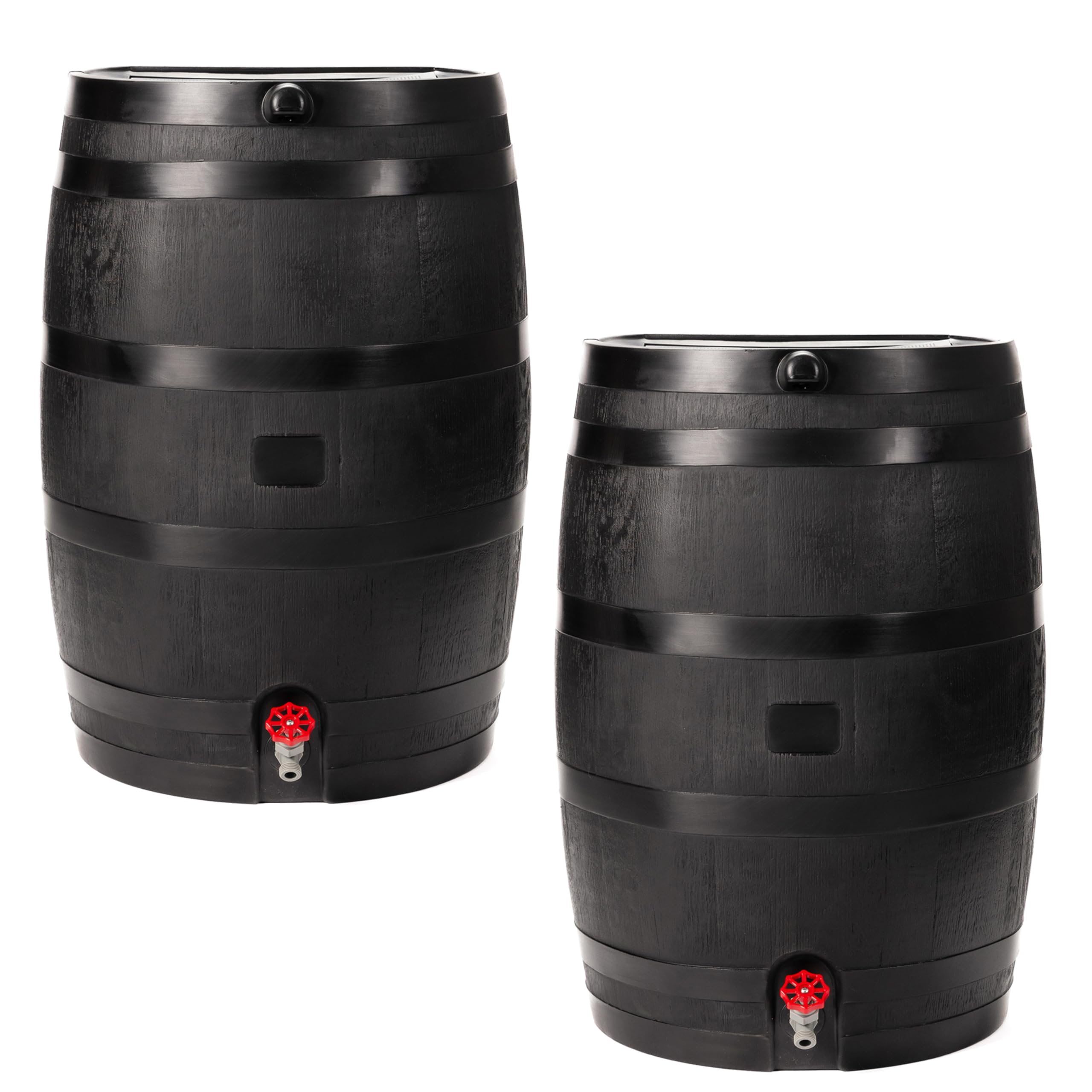 50-Gallon ECO Rain Barrel Made with 100% Recycled Plastic, Flat Back Rain Water Collection Barrel, Link Kit Included, Black (2 Pack)