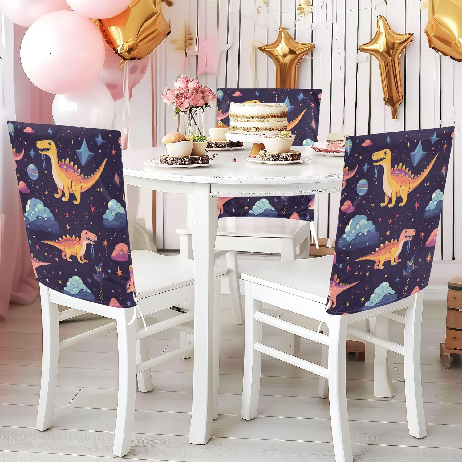 ALAZA Dinosaur and Stars Chair Back Cover Set of 6, Washable Reusable Removable Chair Slipcovers Decorative Chair Cover for Home Kitchen Wedding Party
