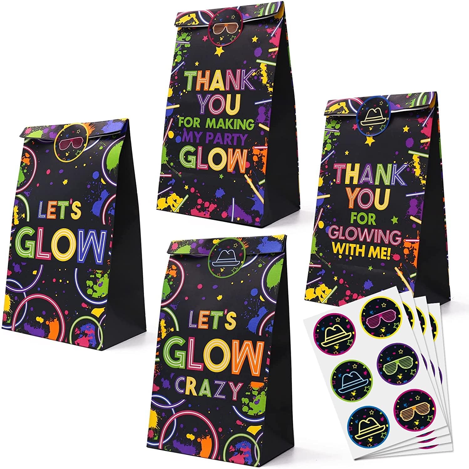 Let's Glow Crazy Candy Bags with Party Stickers Thank You For Glowing with Me Goodie Bags Gift Paper Holder Glow Neon B-day Party Favor Ideas Decoration 20 PCS