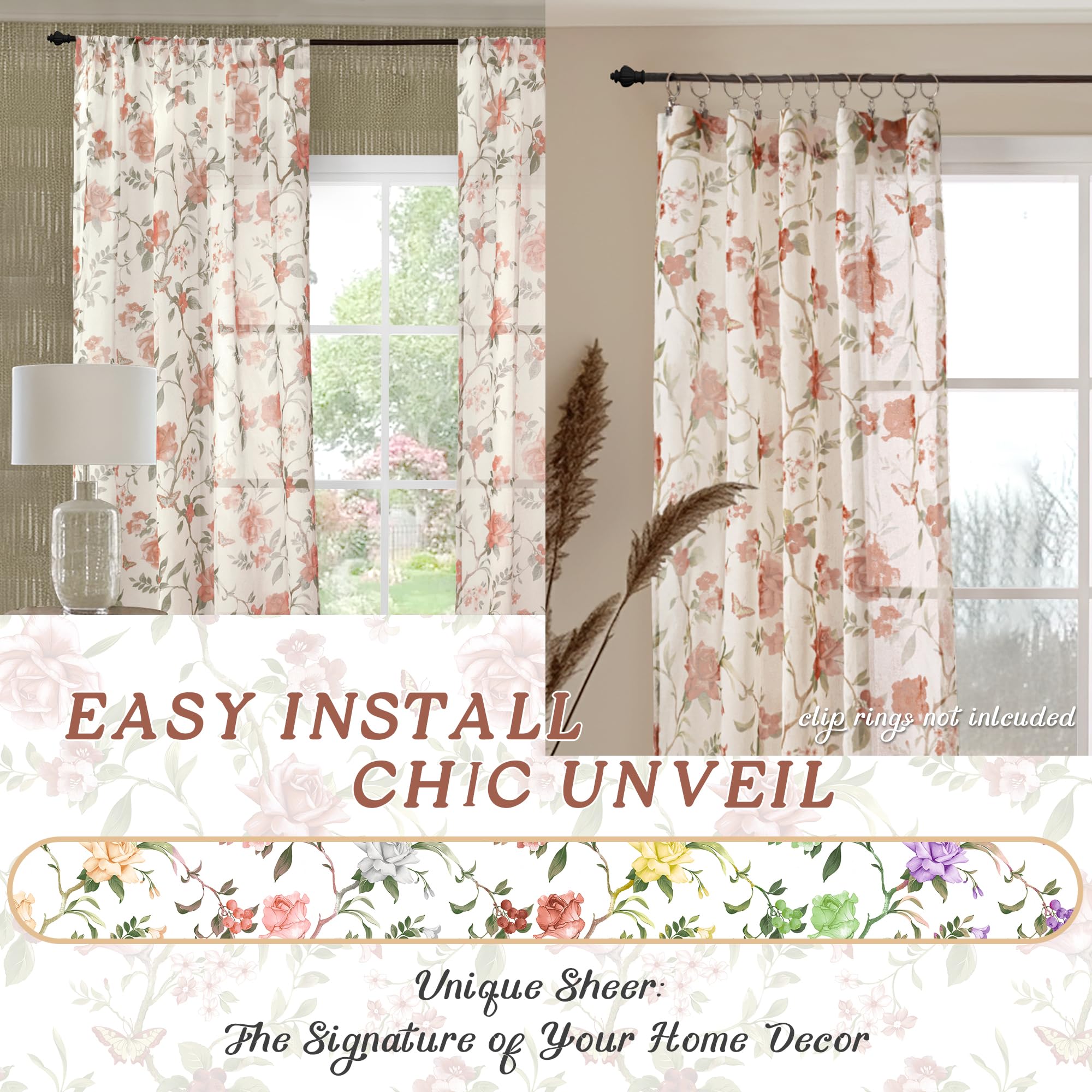 Lajode Lot de 2 Rideaux Transparents à Motif Floral, Lin Semi-Transparents 213,4 cm Passe-Tringle