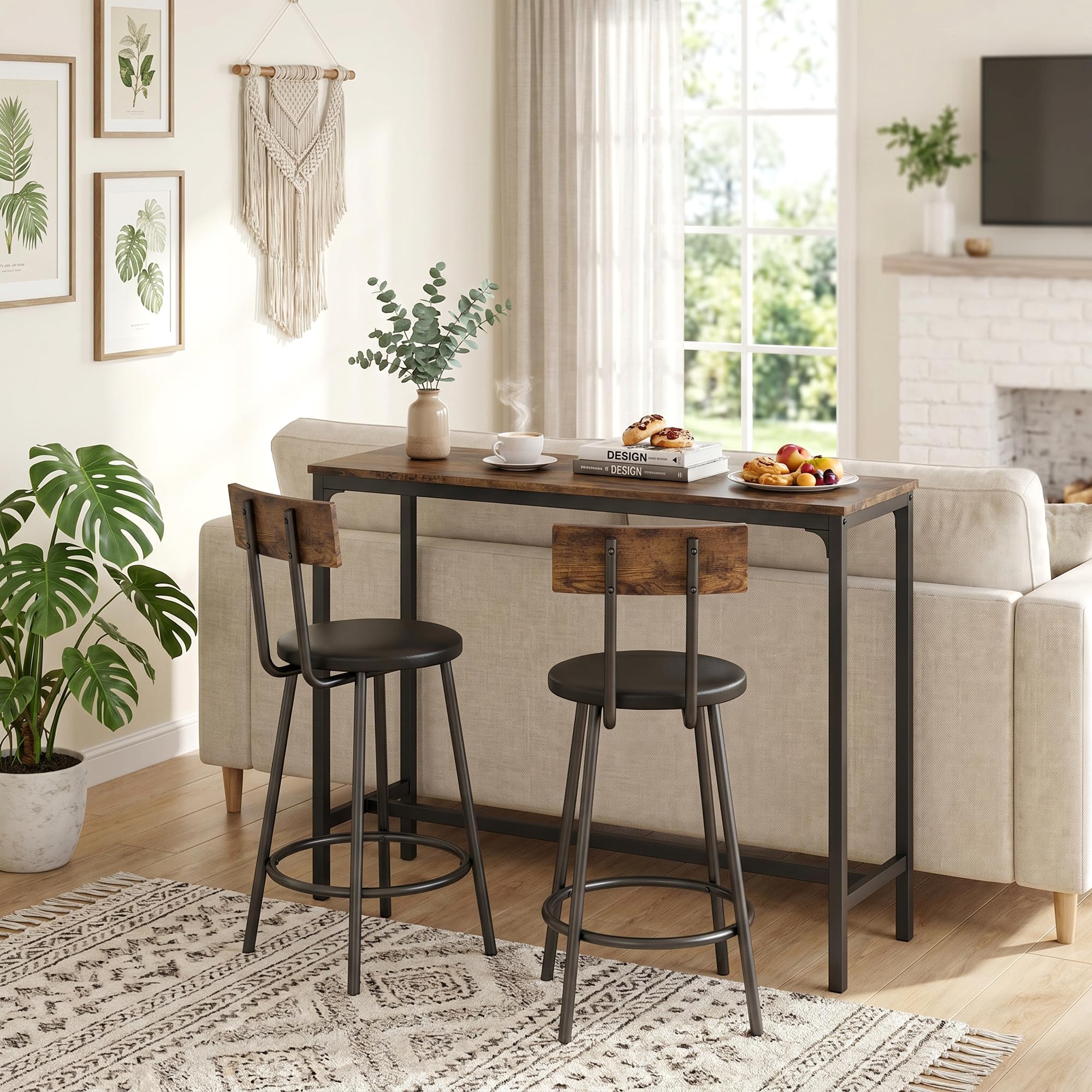 HOMCOM Ensemble Table de Bar avec 2 Tabourets Repose-Pieds PU Marron