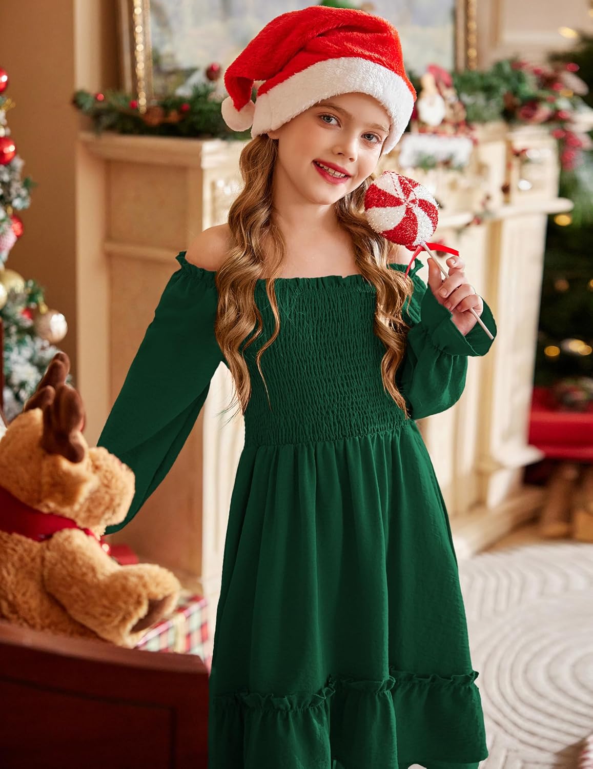 Arshiner Girls Dresses Puff Long Sleeve Fall Winter Smocked High Low Swing Midi Dress with Pockets - Image 4