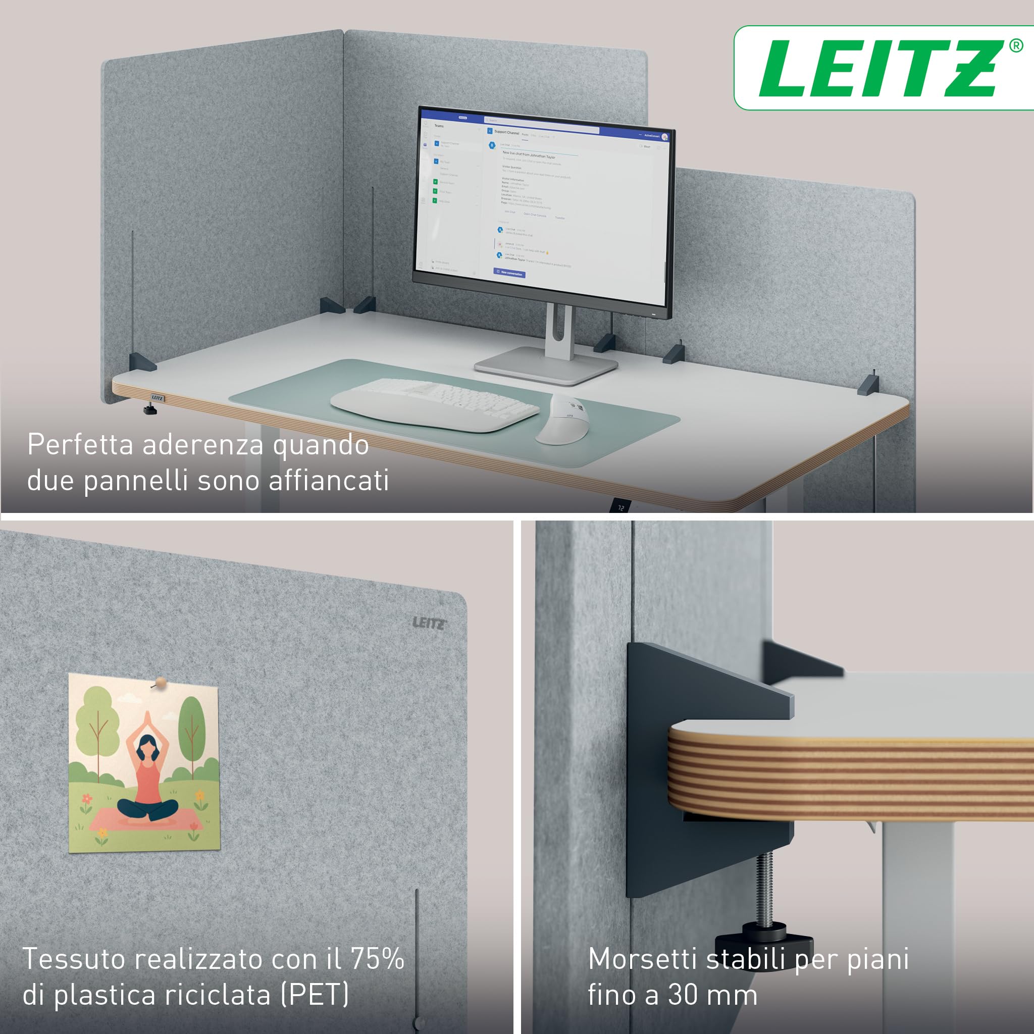 Leitz Divisorio Scrivania Regolabile in Altezza - Pannello Scrivania con Regolazione Continua, Materiali Fonoassorbenti e Morsetto Sicuro - 80 x 70cm