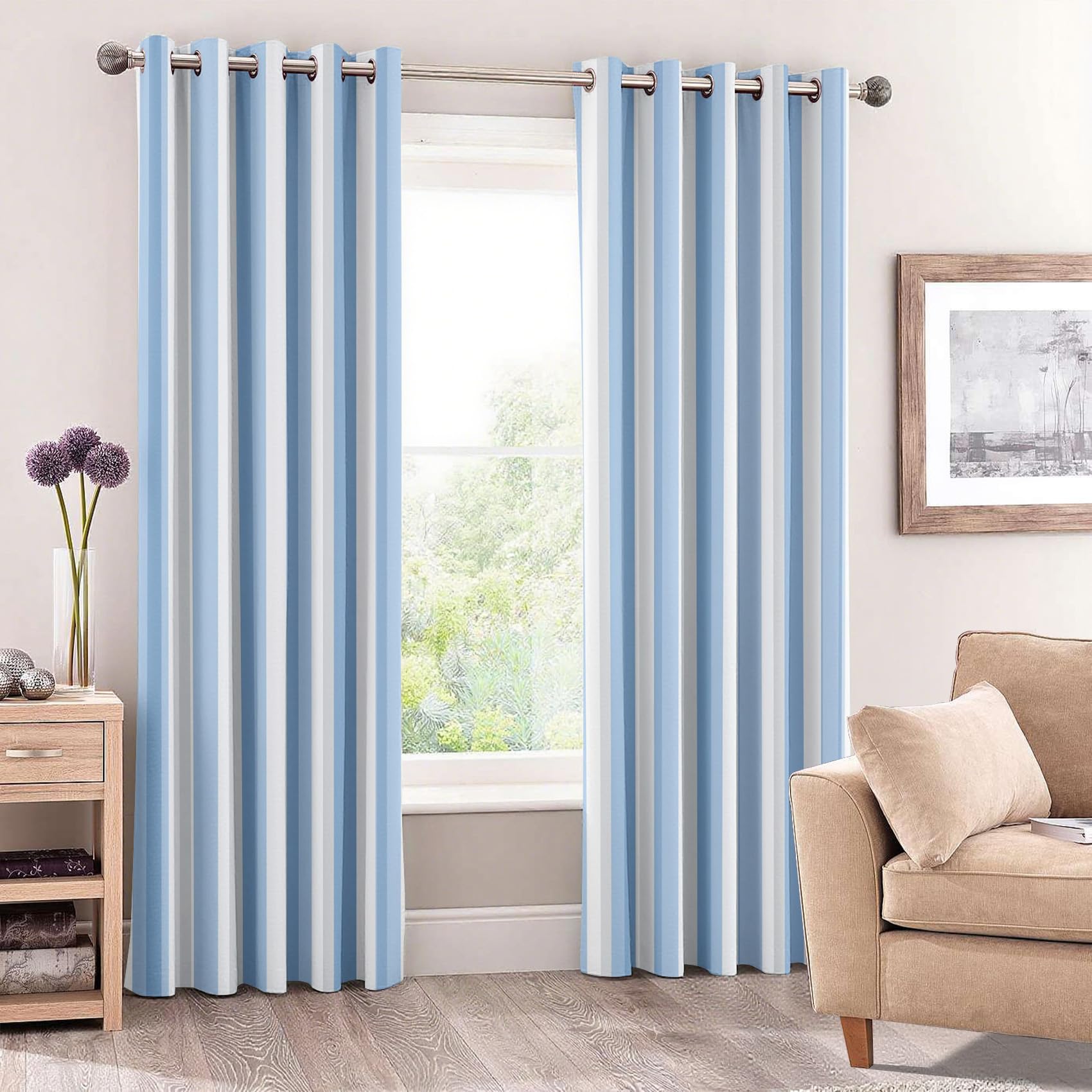 Generisch Streifen Vorhänge Wohnzimmer, Verdunklungsvorhänge Blau Weiß Gestreift mit Ösen, Vorhang Blickdicht mit Muster, Gardinen für Wohnzimmer Deko 2er Set, H 200 X B 140 cm B-D57