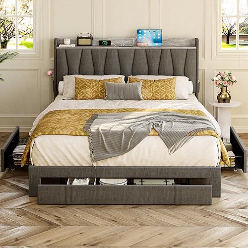 Miniatura 3 de ANCTOR Base de cama tamaño Queen con cabecera de almacenamiento y estación de carga, cama de plataforma tapizada con 3 cajones, no necesita somier,