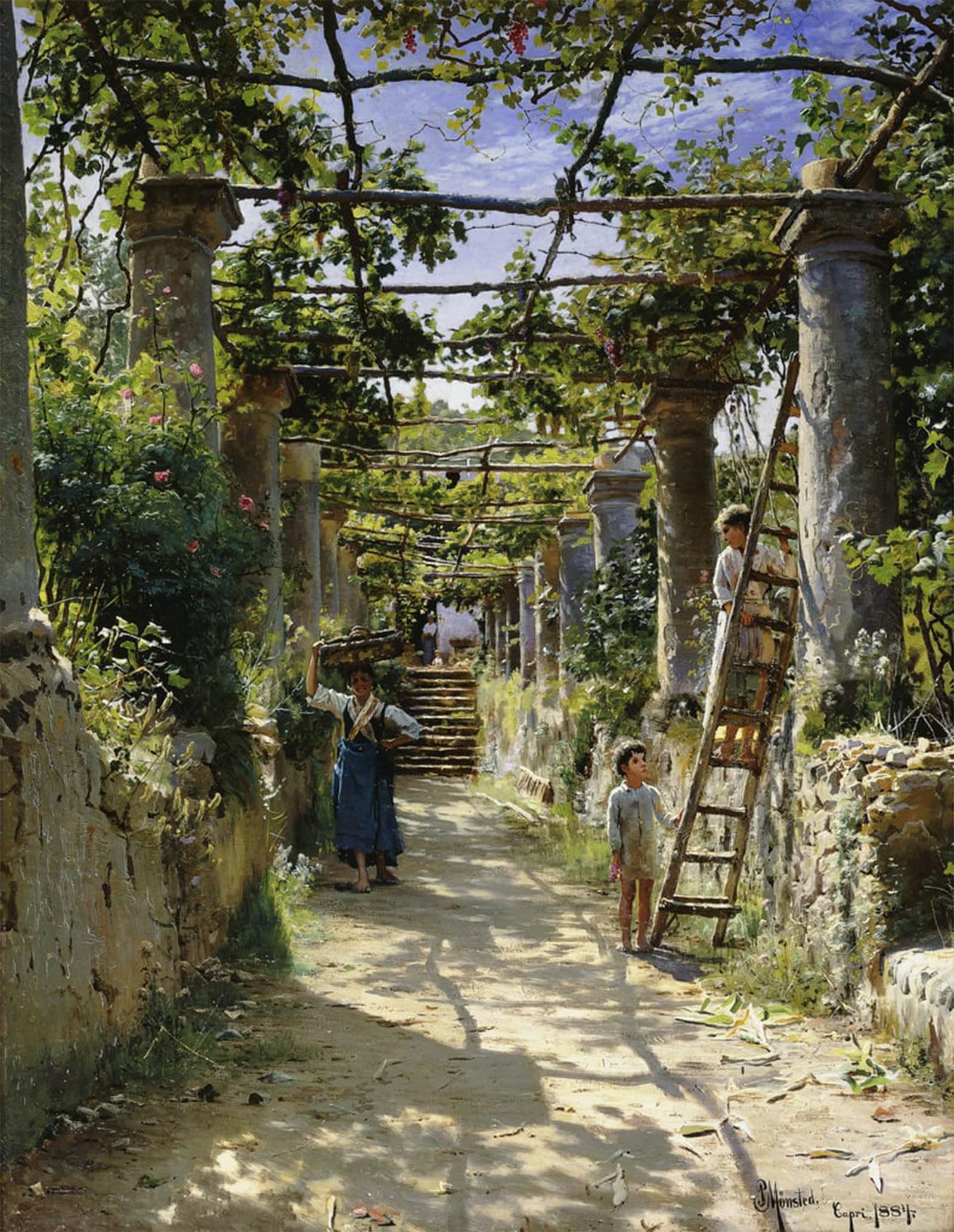 POSTERIIk Vintage Print Pop Art Landscape Artwork in the Shadow of an Italian Pergola a Warm Afternoon in Anacapri by Peder Monsted Art Prints for Office Home Decor 60x90cm