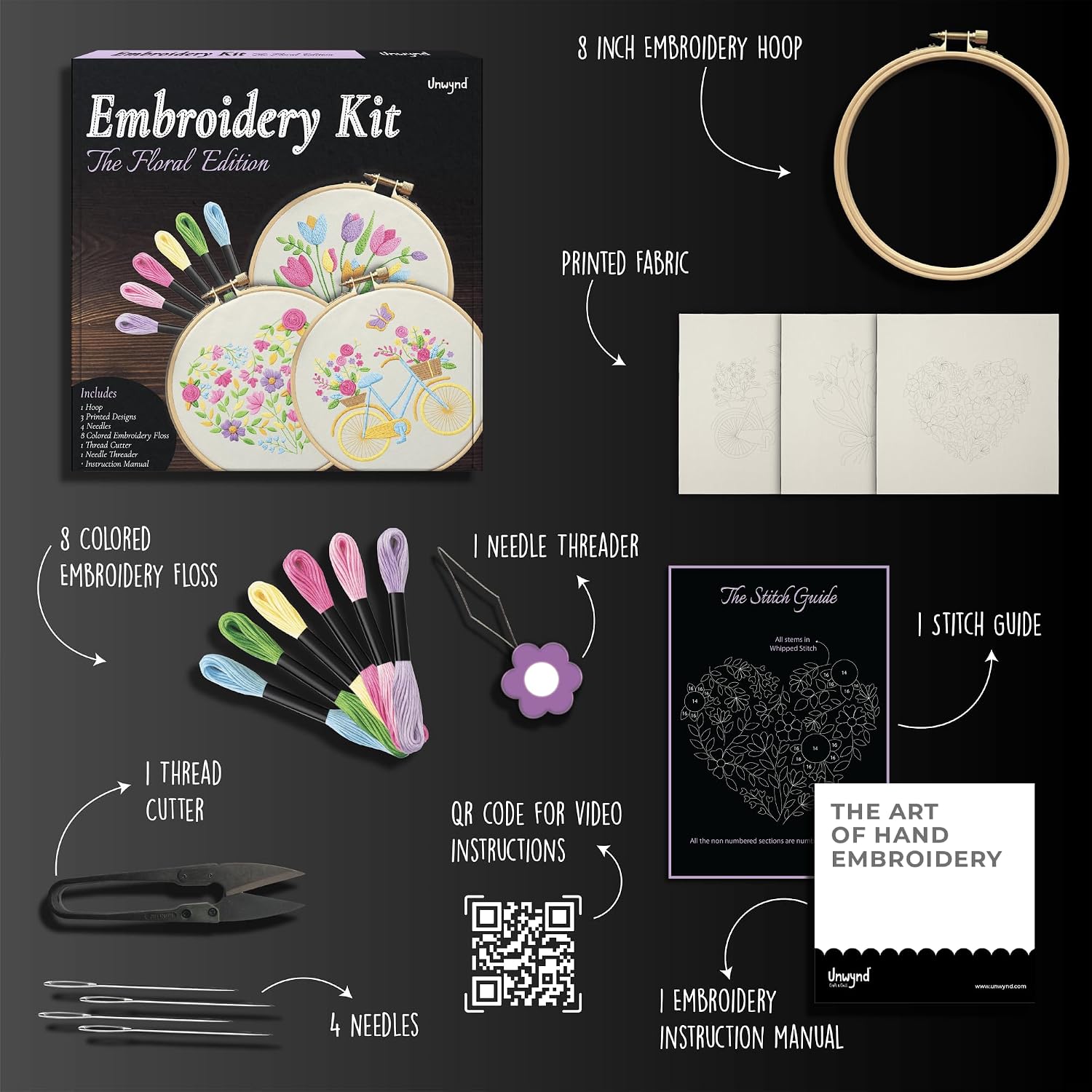 Unwynd Embroidery Kit Floral Theme for Beginners, Cross Stitch Hand Embroidery Kit for Adults, Easy DIY Crafts, Starter Set with Flower Pattern (Pack of 3 - Floral Edition)