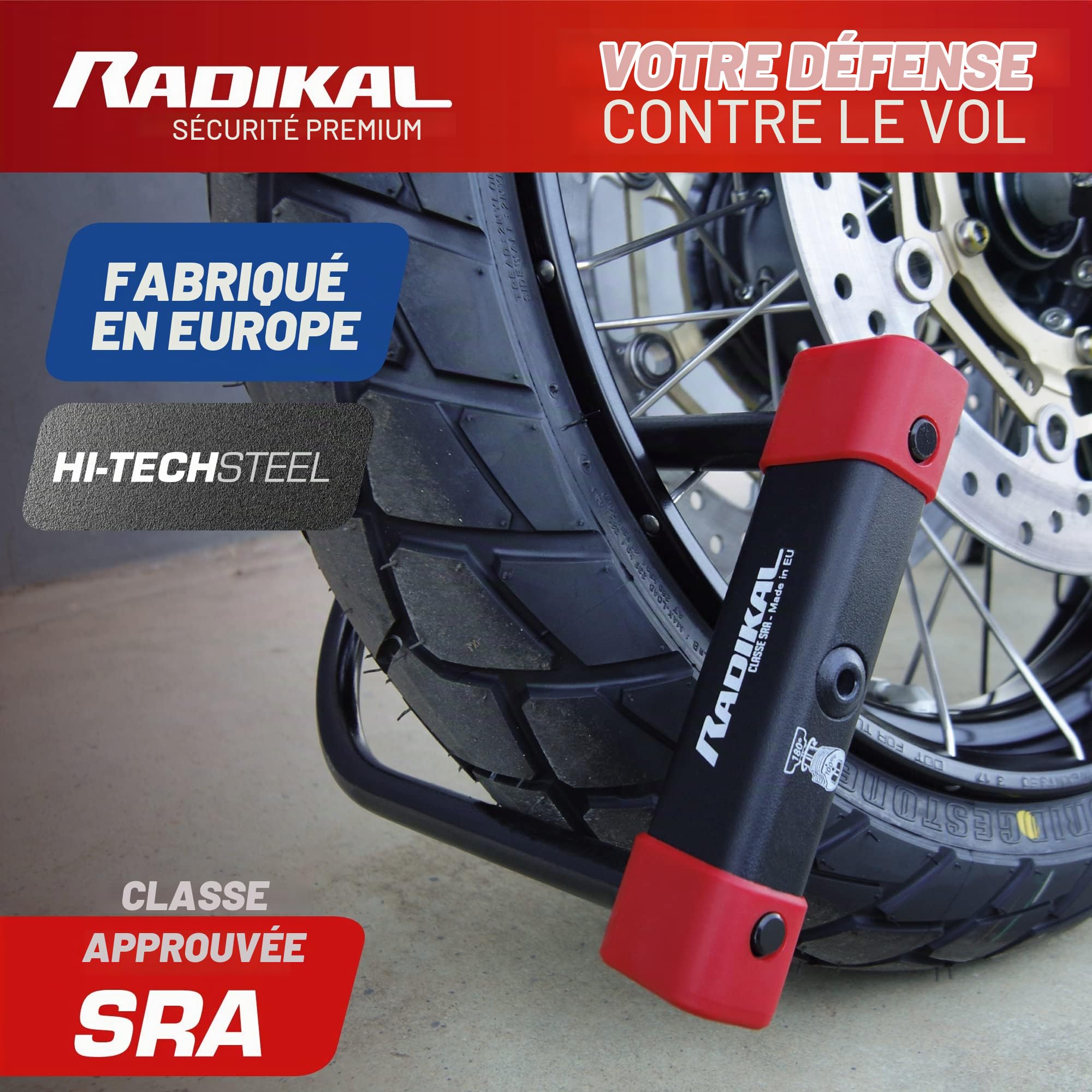 RADIKAL RK120220 Antivol Moto et Vélo Premium Homologué SRA, U Ø18mm en Acier Cémenté, Blocage Haute Sécurité, Double Verrouillage, Revêtement Protecteur, Antivol Vélo Électrique Scooter, 120x220mm