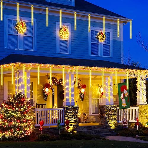 Miniatura 6 de JMEXSUSS Meteor Luces de lluvia para regadera con energía solar, luces de regadera de meteorito, 11.8in, 8 tubos, 144 LED, luz de meteorito, luz de