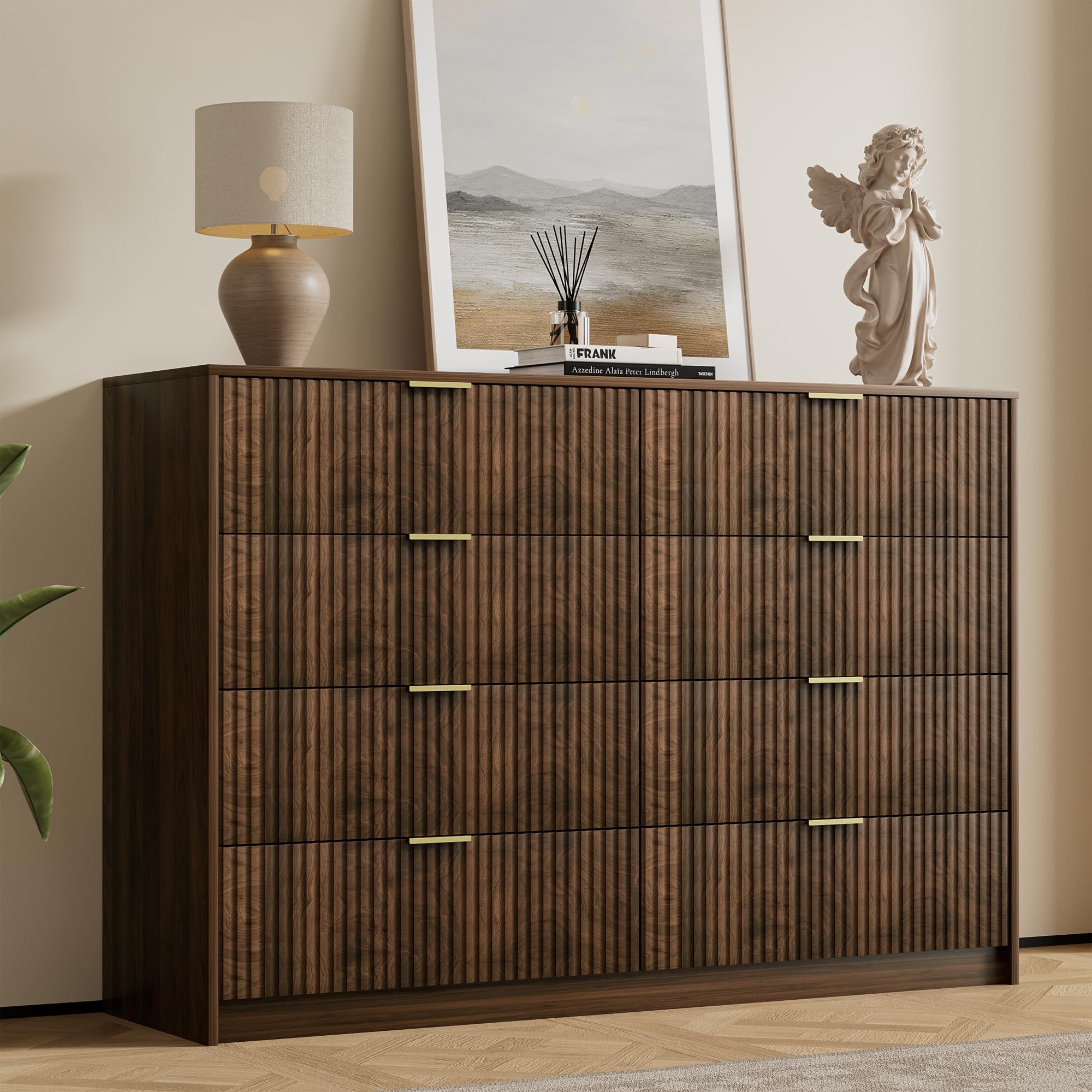 Furniway Walnut 8 Drawer Dresser with Golden Handles