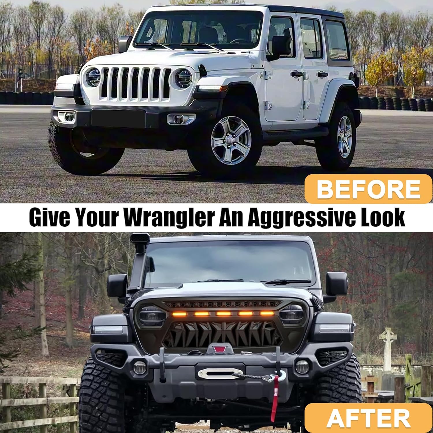 Shark Front Grill Mesh Grille Cover Matte Black Compatible for Jeep Wrangler JK JKU Unlimited Rubicon Sahara Sport with Amber LED Running Lights with Mesh Inserts 2007-2018