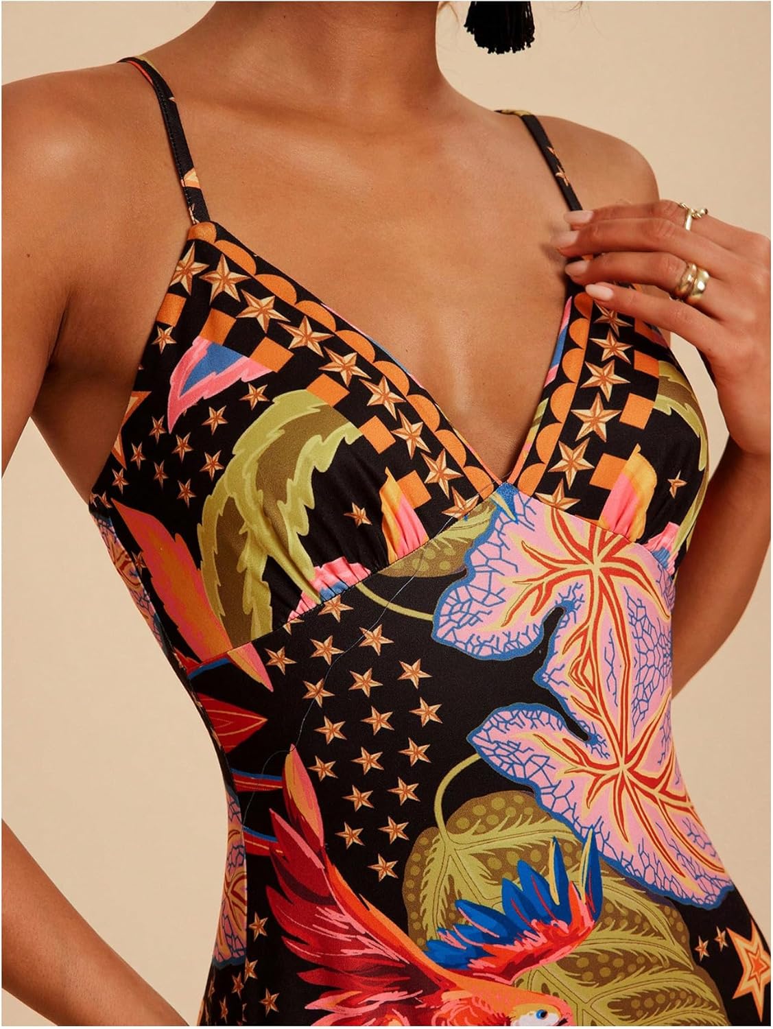 Women's Tropical Graphic V Neck Midi Dresses Sleeveless Split Beach Vacation Cami Dress - Image 4