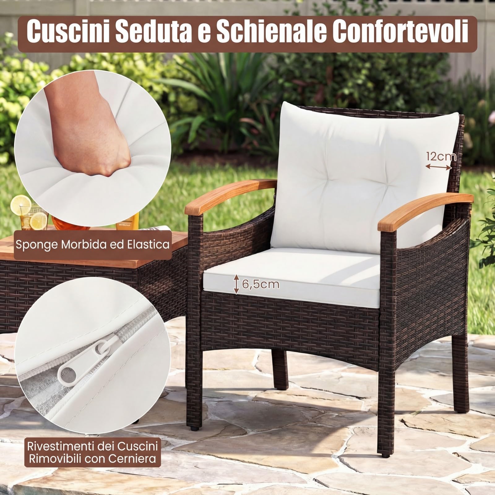 COSTWAY Set Salotto da Giardino per 2 Persone, Poltrone da Giardino in Rattan e Legno con Tavolino Laterale, Salottino da 3 Pezzi con Cuscini per Cortile, Veranda e Balcone (Bianco)