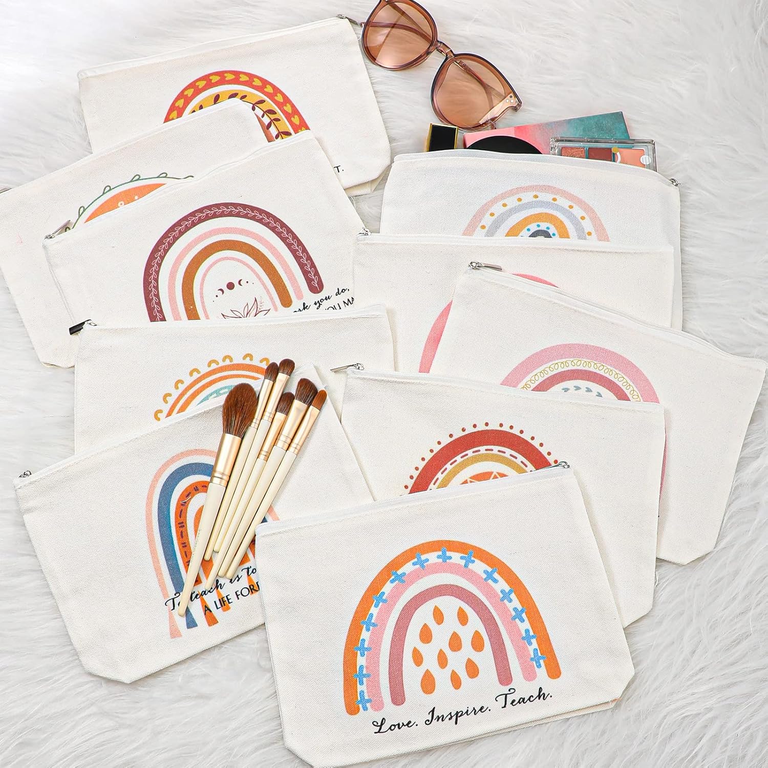 Hillban 60 Pcs Teacher Appreciation Gifts Bulk for Women 30 Rainbow Canvas Makeup Bags 30 Motivational Quotes Keychains Thank You Classroom Gift for Teachers Day Coworker Employee