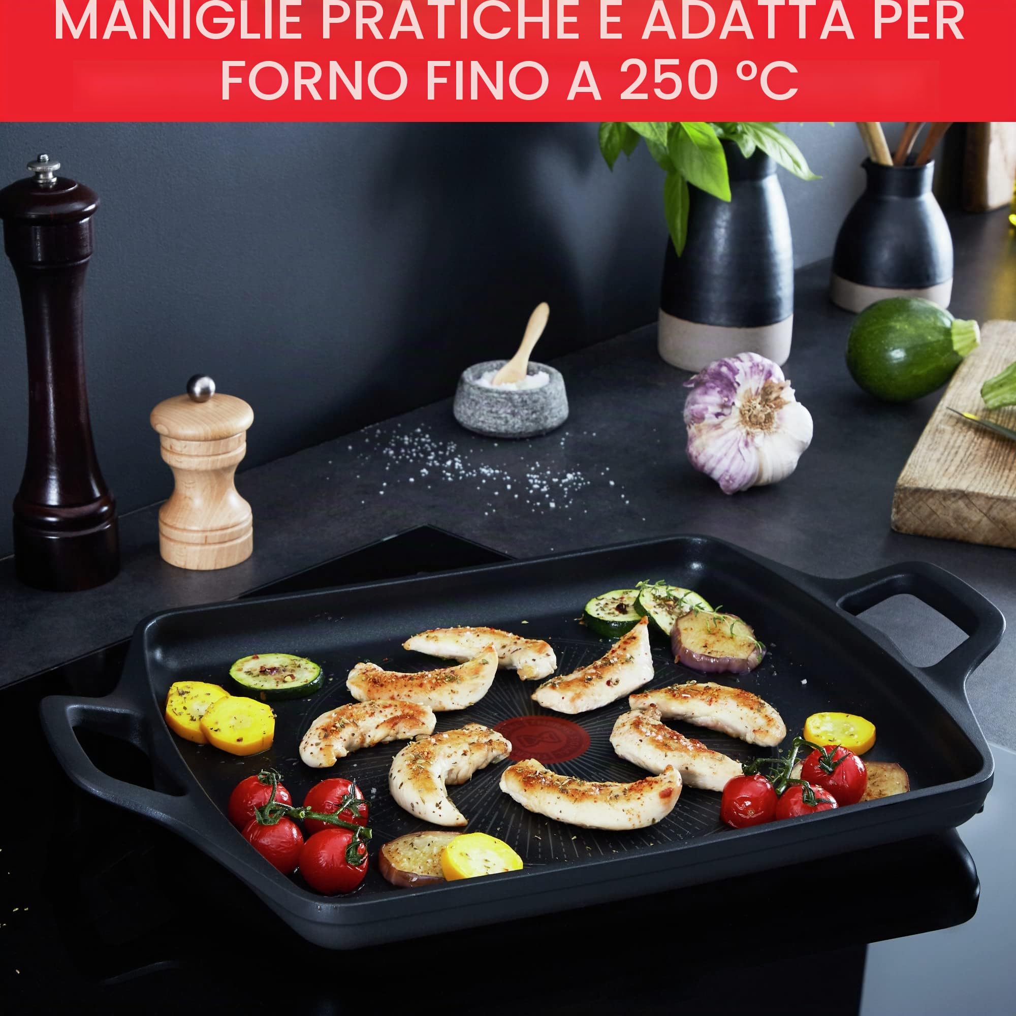 Tefal E2499845 Aroma On - Piastra in alluminio pressofuso, rivestimento in titanio antiaderente e thermosport, adatta a tutti i tipi di fornelli, base spessa adatta per induzione, 26 x 32 cm