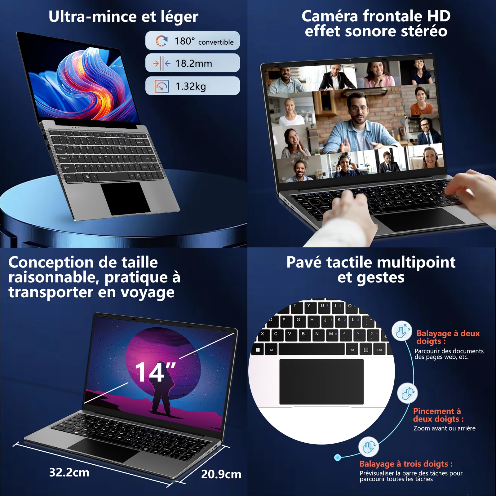 bvate Ordinateur PC Portable 14 Pouces 8+256Go Win11 Celeron N4020 Support 1 to SSD Expansion 2.4G+5G WiFi Bluetooth 4.2 USB HDMI 1920 x 1080 FHD Membrane de Clavier AZERTY - Argent-005