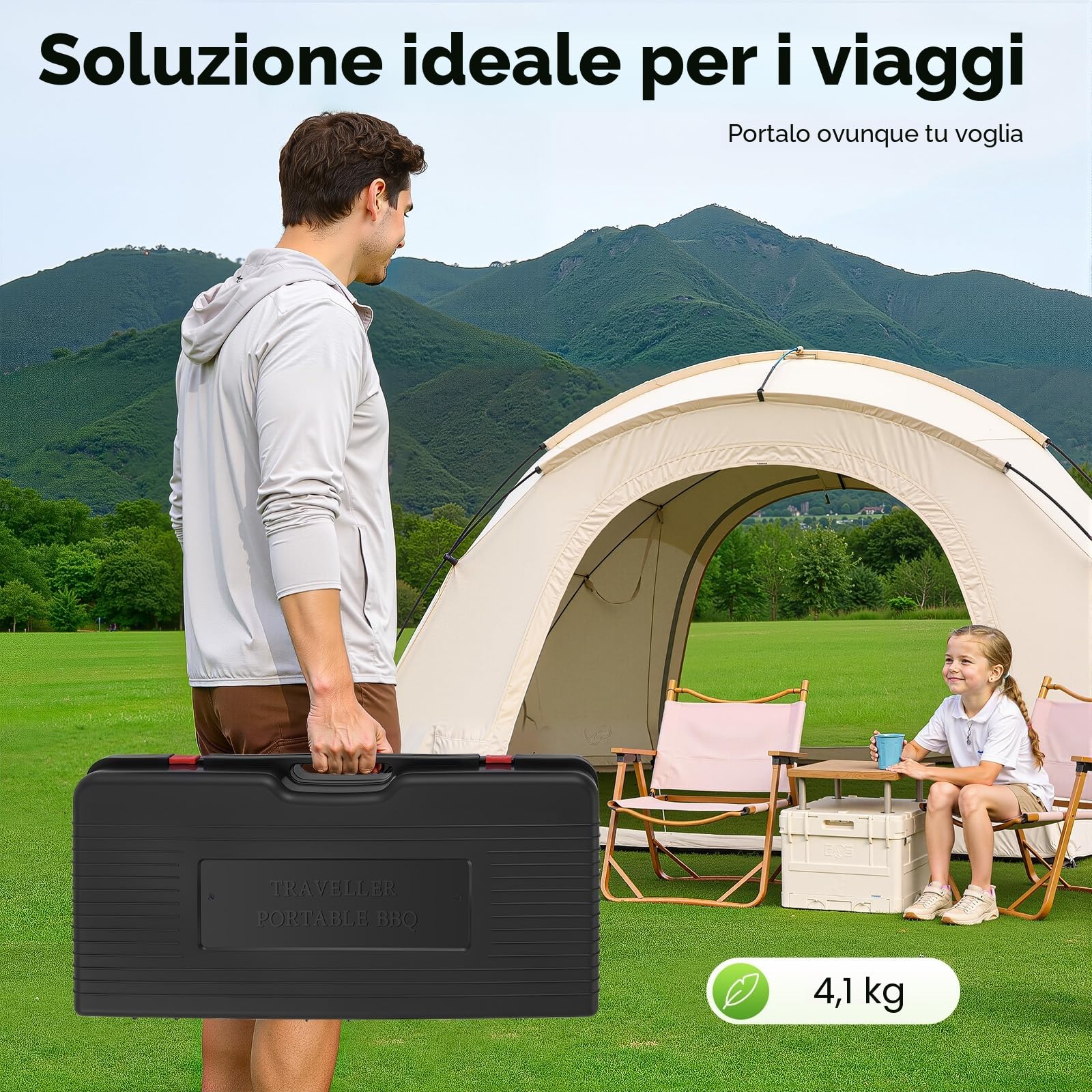 Fornello portatile da campeggio, 2 bruciatori, grill da tavolo con bistecchiera, per esterni, campeggio, giardino, funzionamento a gas