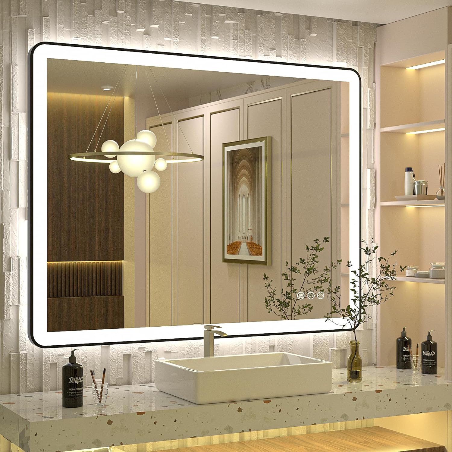 40"x30" LED Lighted Bathroom Mirror for Wall, Dimmable Framed Bathroom Vanity Mirror, Independent Backlit and Front Lights, Anti-Fog, Shatterproof, Memory, ETL Listed 40"L x 30"W Black Frame With Rounded Corner