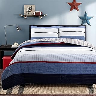 Cozy Line Home Fashions Navy Blue Striped 100% Cotton Quilt Bedding Set, Reversible Coverlet, Bedspread for Boy (Levi Jean, Queen - 3 Piece)